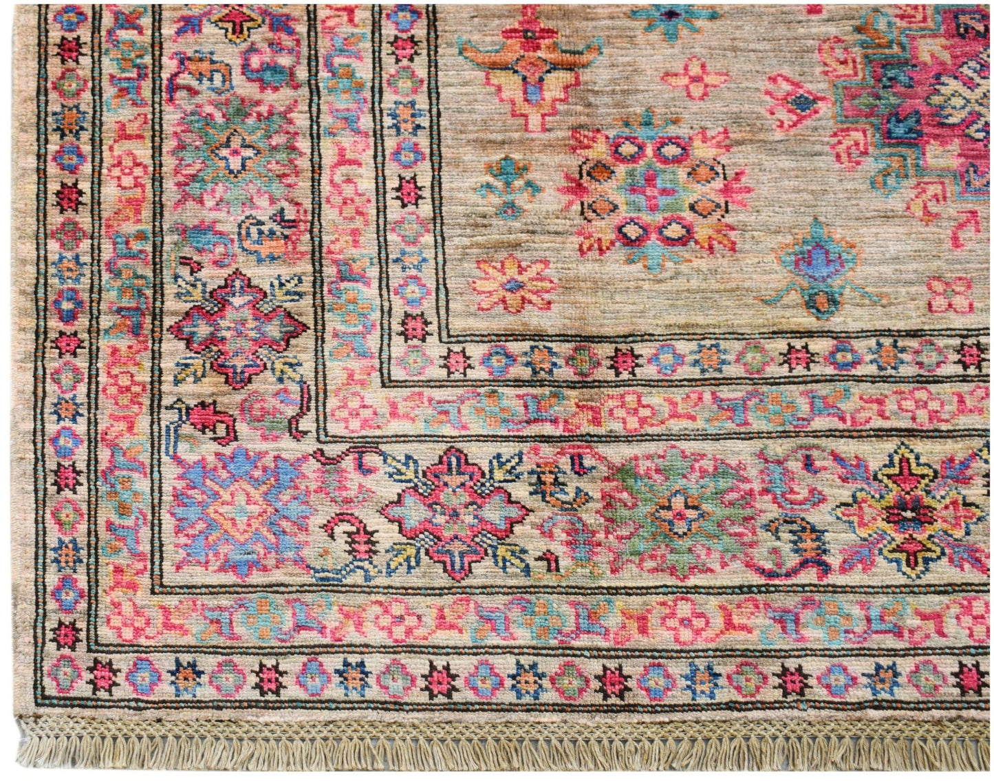 A handwoven Afghan Super Kazakh rug featuring a traditional geometric pattern in vibrant colors.