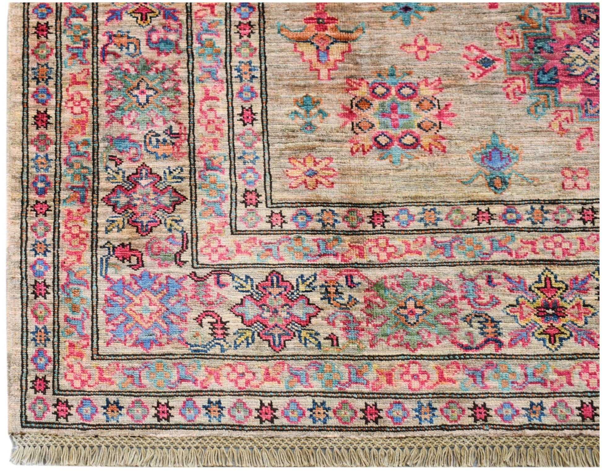 A handwoven Afghan Super Kazakh rug featuring a traditional geometric pattern in vibrant colors.