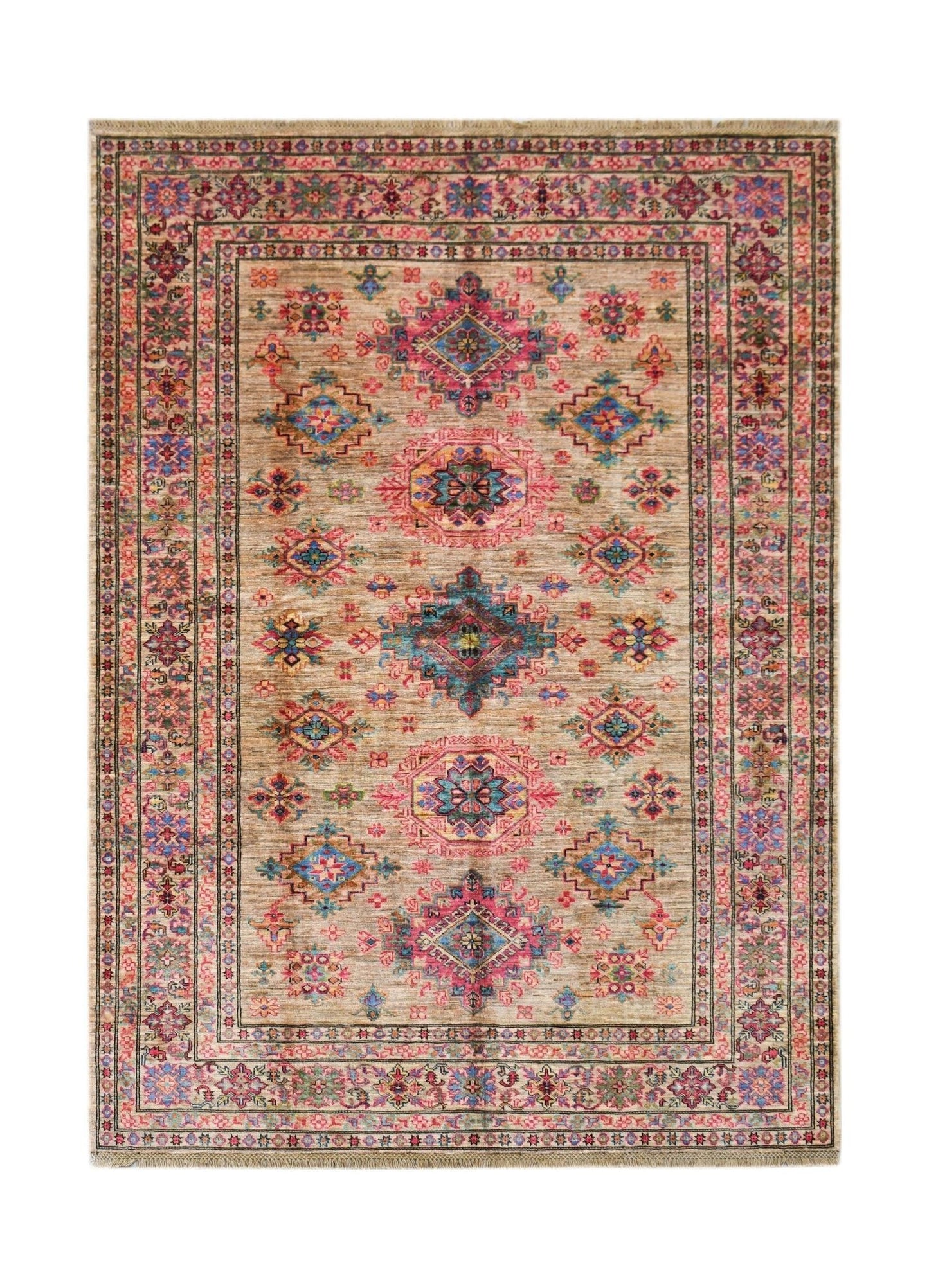 Handwoven Afghan Super Kazakh rug featuring a geometric pattern in vibrant colors on a tan field.
