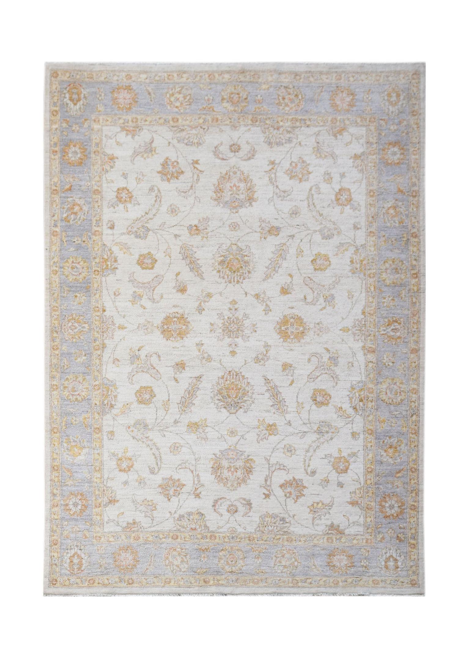 An Afghan Chobi rug featuring a traditional floral pattern in soft grey and muted gold tones.