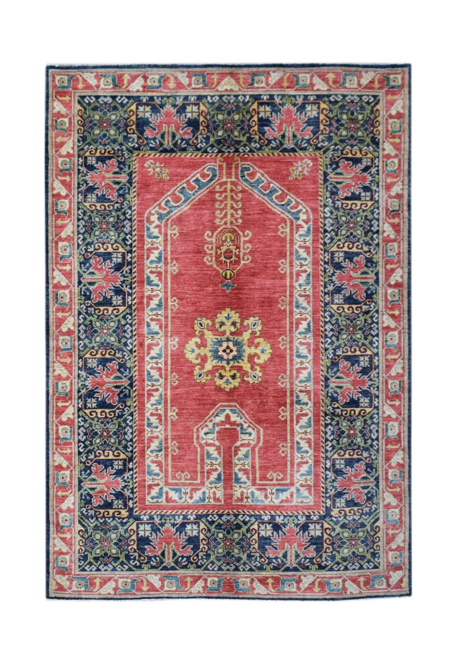 Handwoven Afghan Chobi rug featuring a traditional red prayer design with blue and yellow accents.