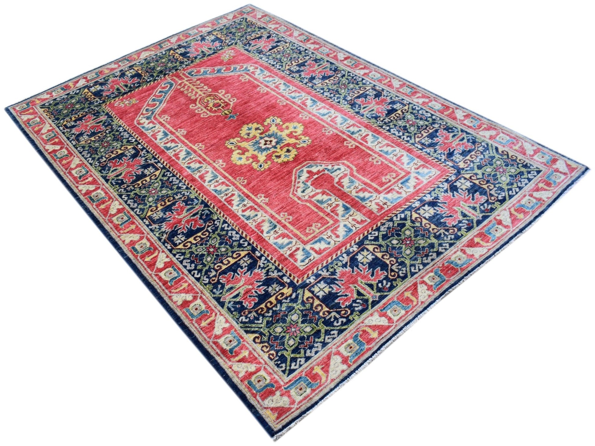 A rectangular Afghan Chobi rug featuring a red field with floral motifs and a dark blue border.