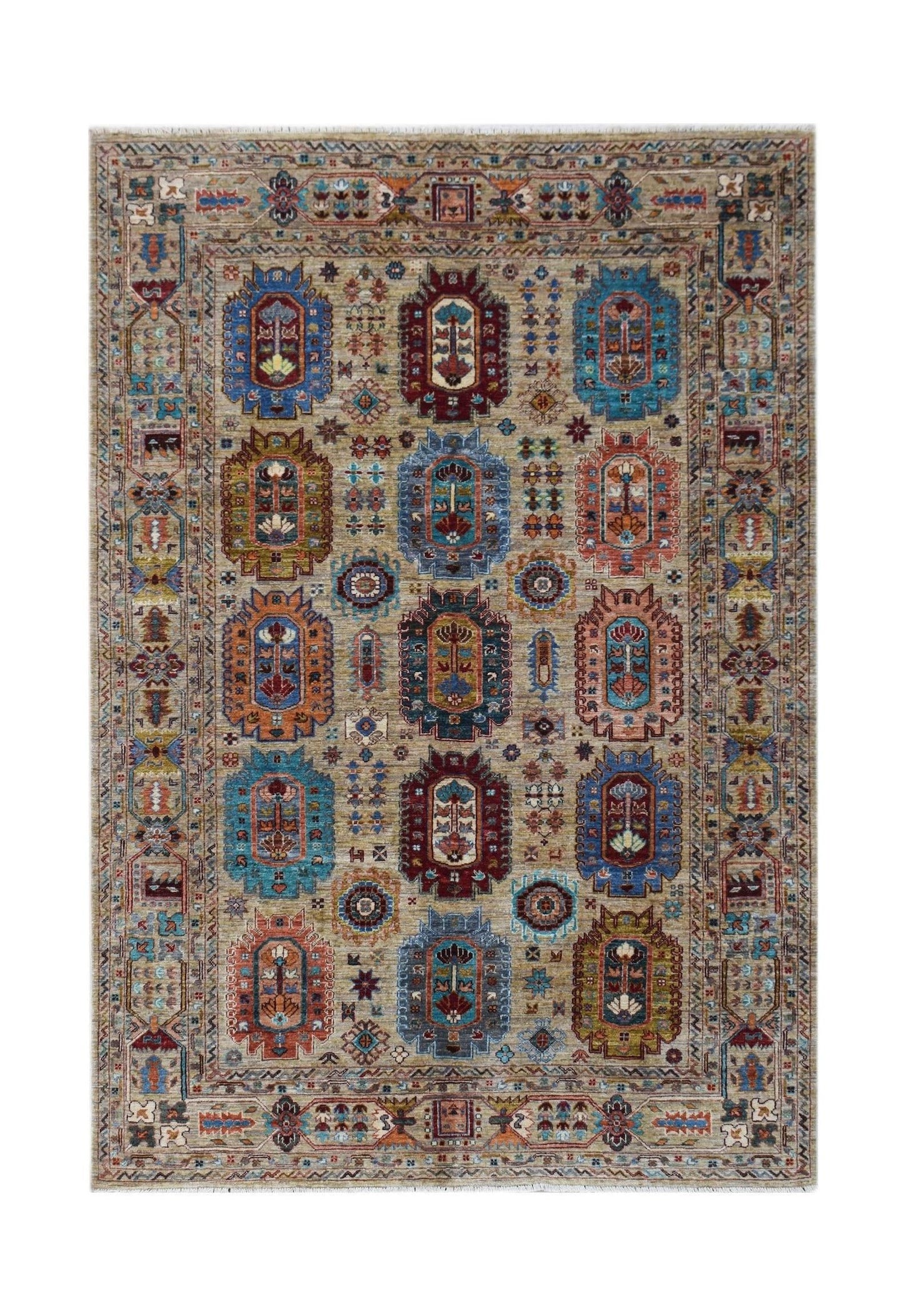 A rectangular Afghan Chobi rug featuring a traditional pattern of colorful medallions on a tan field.