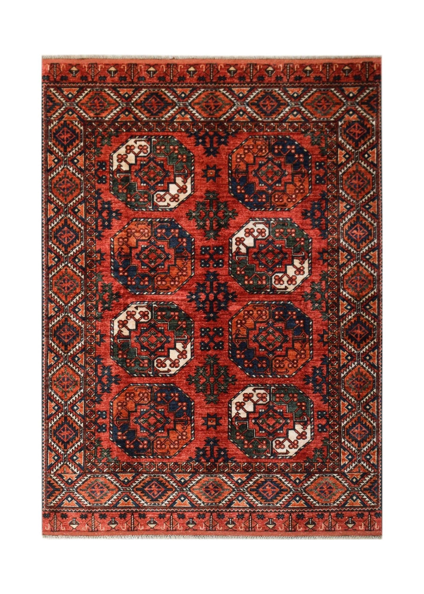 Handwoven Afghan Chobi rug featuring a geometric octagonal pattern in red, blue, and cream tones.