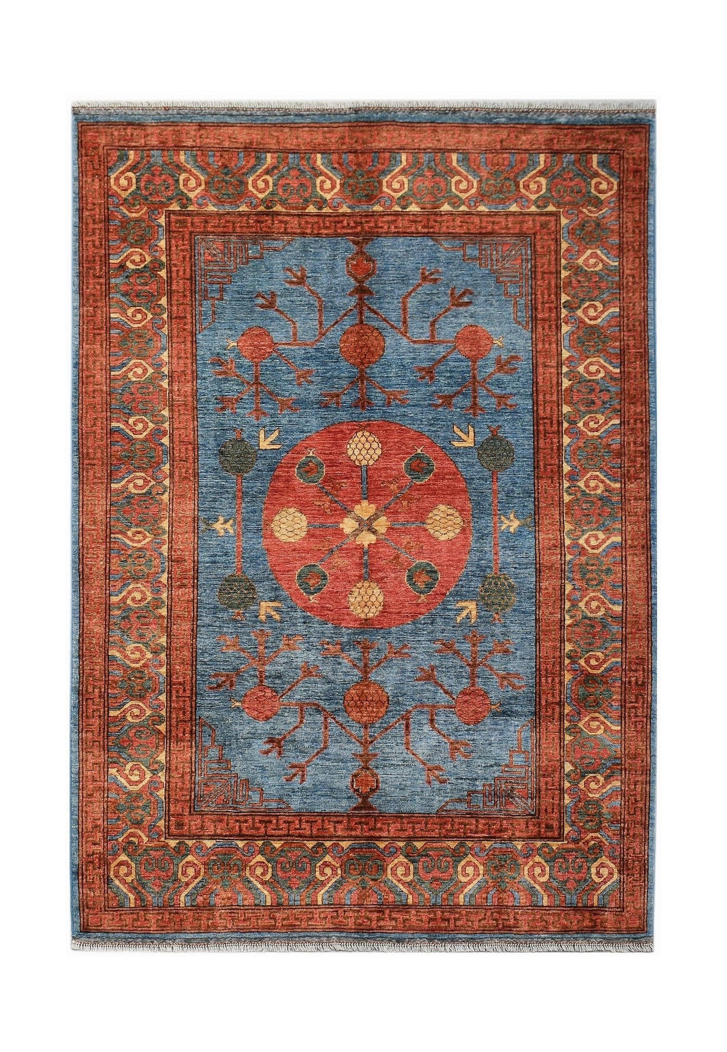 A rectangular Afghan Chobi rug featuring a central red medallion on a blue field with floral motifs.