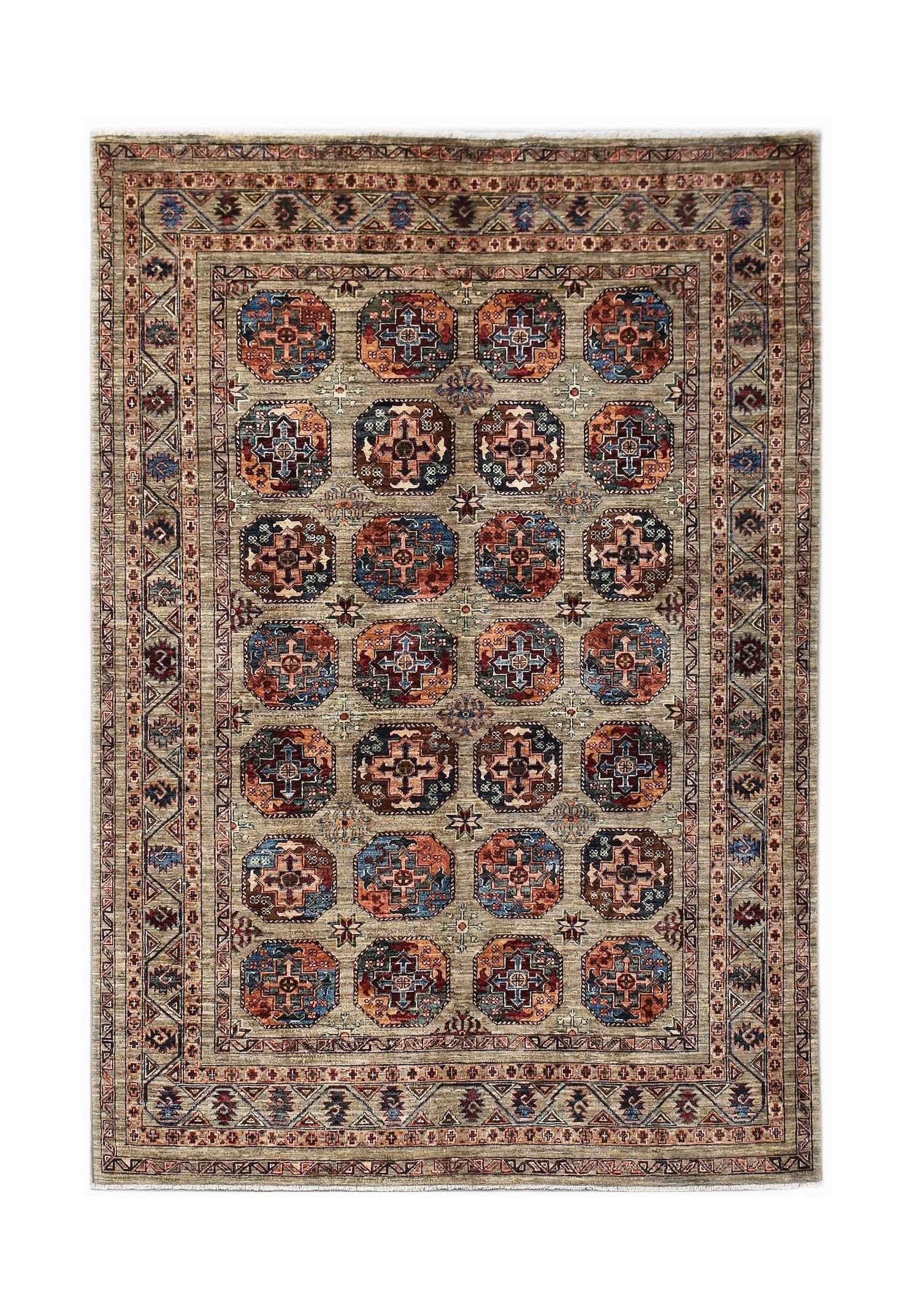 Handwoven Afghan Chobi rug featuring a repeating geometric medallion pattern in earthy tones.