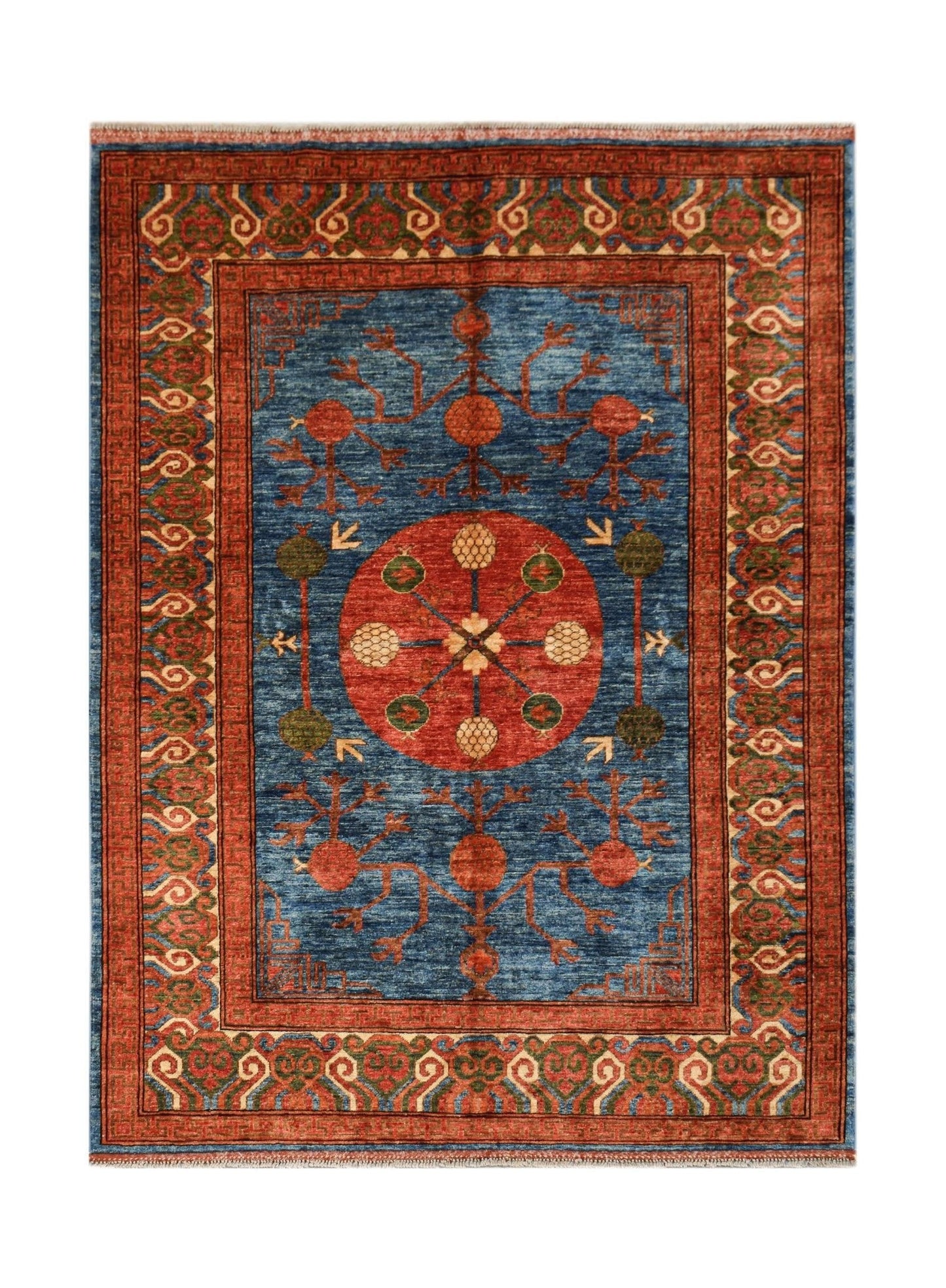 Handwoven Afghan Chobi rug featuring a central red medallion on a blue field with floral motifs.