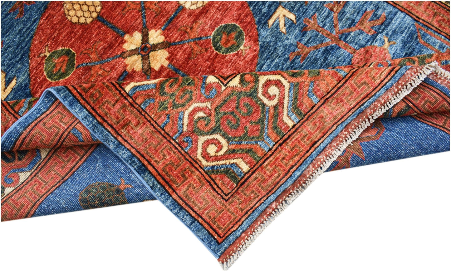 A handwoven Afghan Chobi rug featuring a blue field with red circular motifs and a geometric border.