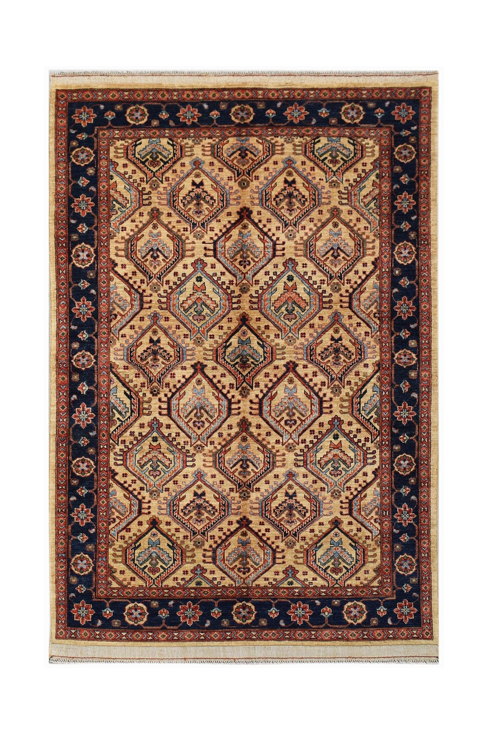 Handwoven Afghan Chobi rug featuring a diamond pattern in earthy tones with a dark blue border.