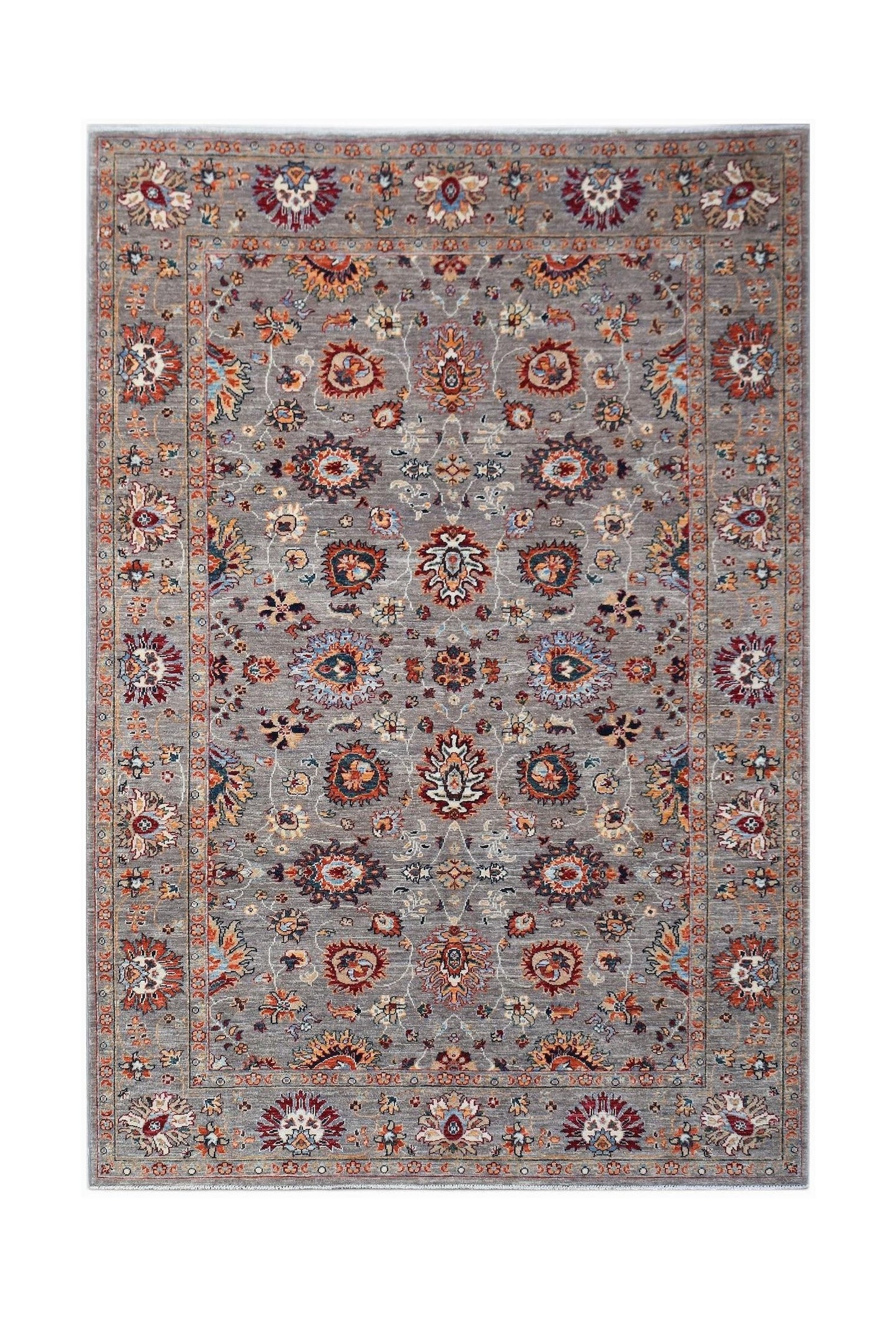 A rectangular Afghan Chobi rug featuring a traditional floral pattern in muted earth tones.