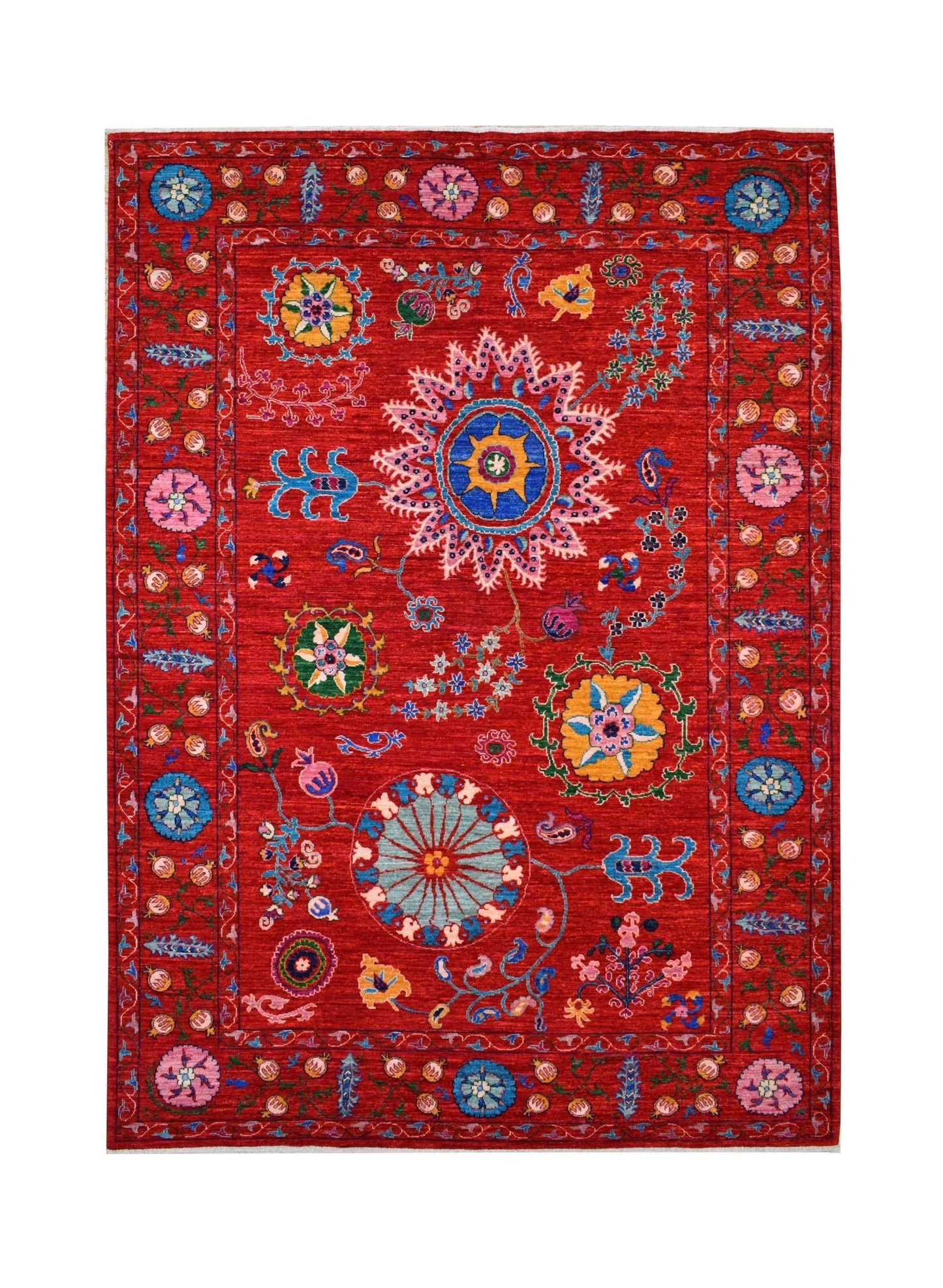 A rectangular Afghan Chobi rug featuring a vibrant red field with colorful floral motifs.