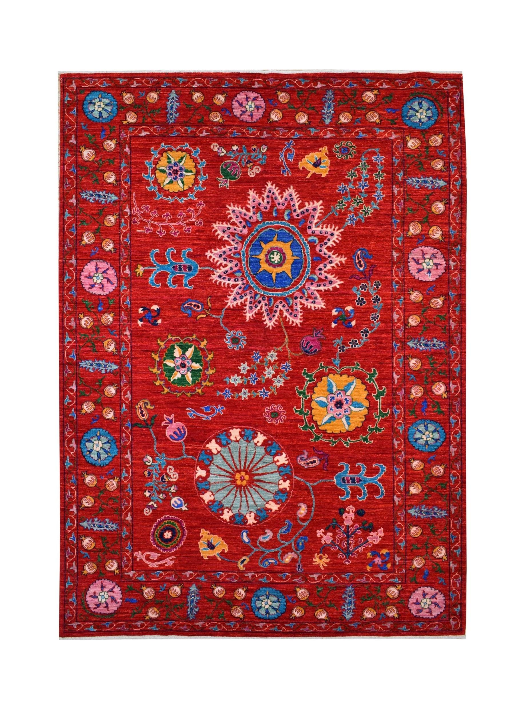 A rectangular Afghan Chobi rug featuring a vibrant red field with colorful floral motifs.