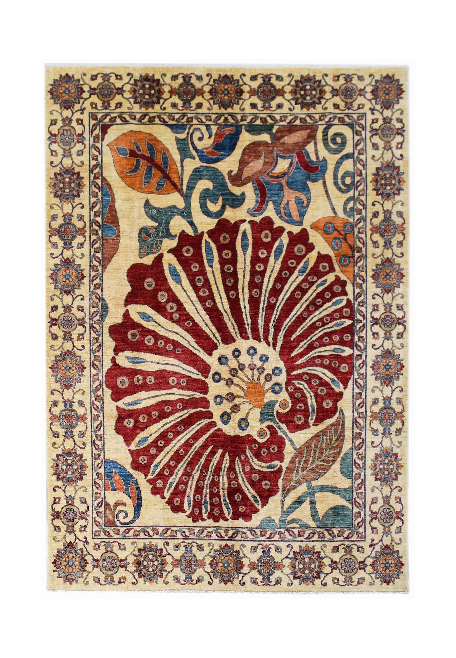 Handwoven Afghan Chobi rug featuring a large central floral motif on a cream background.