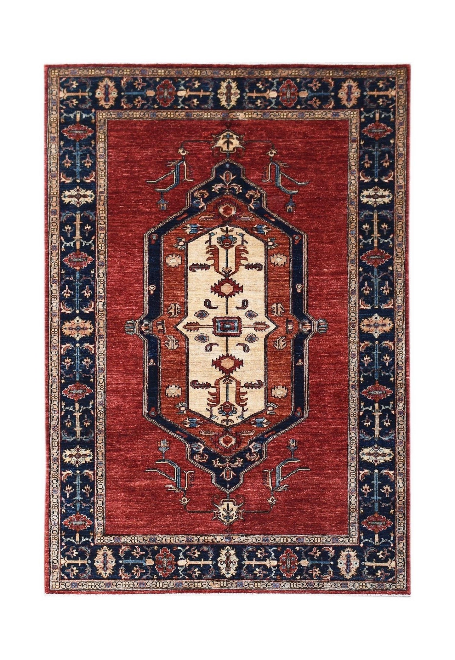 A rectangular Afghan Chobi rug featuring a central medallion on a red field with blue borders.