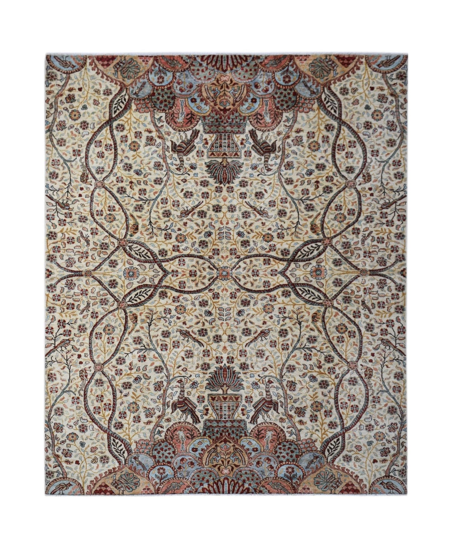 Handwoven Afghan Chobi rug featuring a symmetrical floral pattern with birds and urns in soft tones.