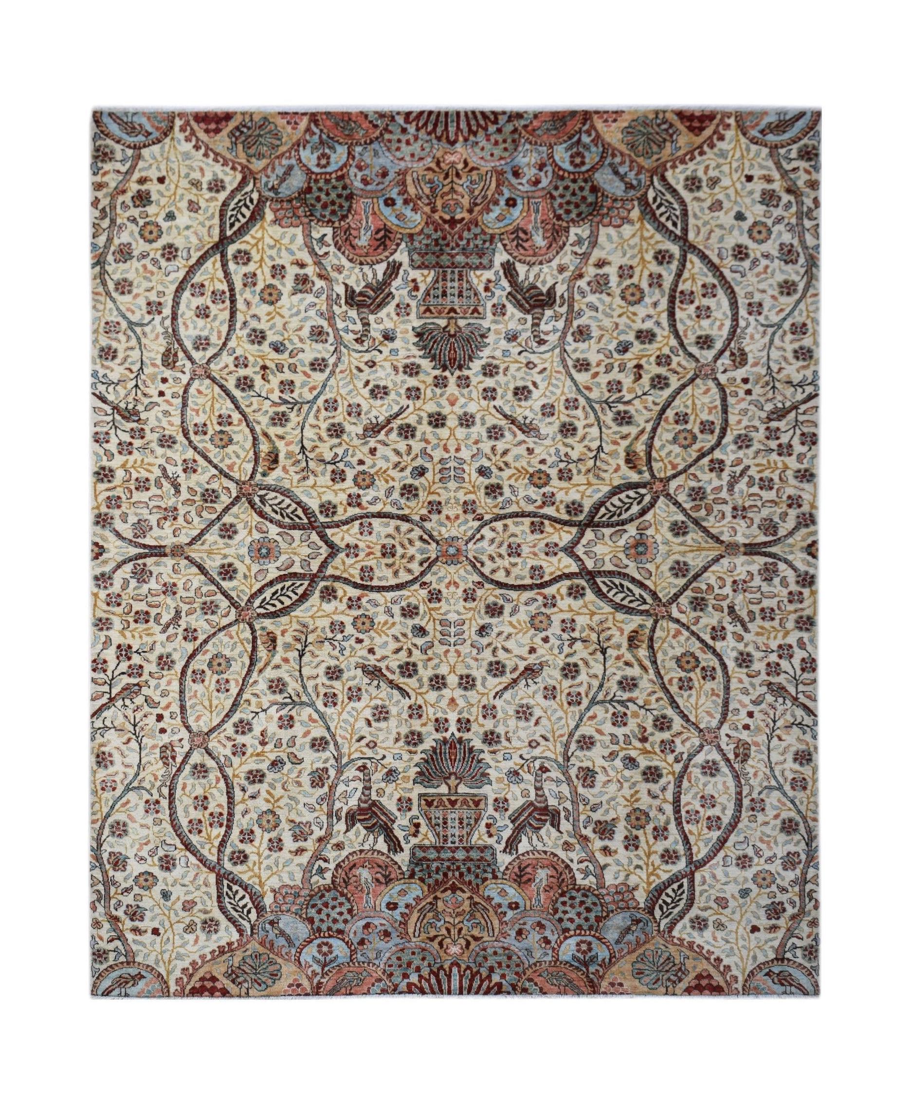 Handwoven Afghan Chobi rug featuring a symmetrical floral pattern with birds and urns in soft tones.