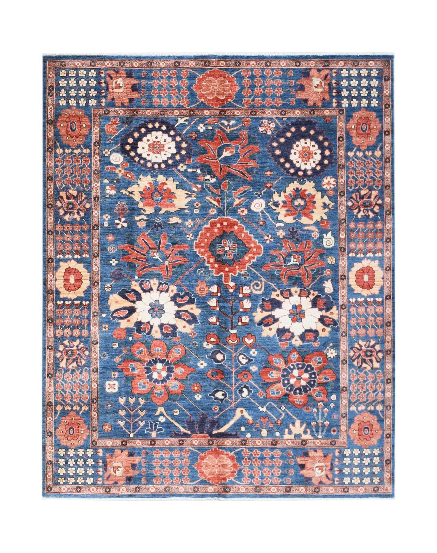 Handwoven Afghan Chobi rug featuring a traditional floral pattern in blue, red, and cream tones.