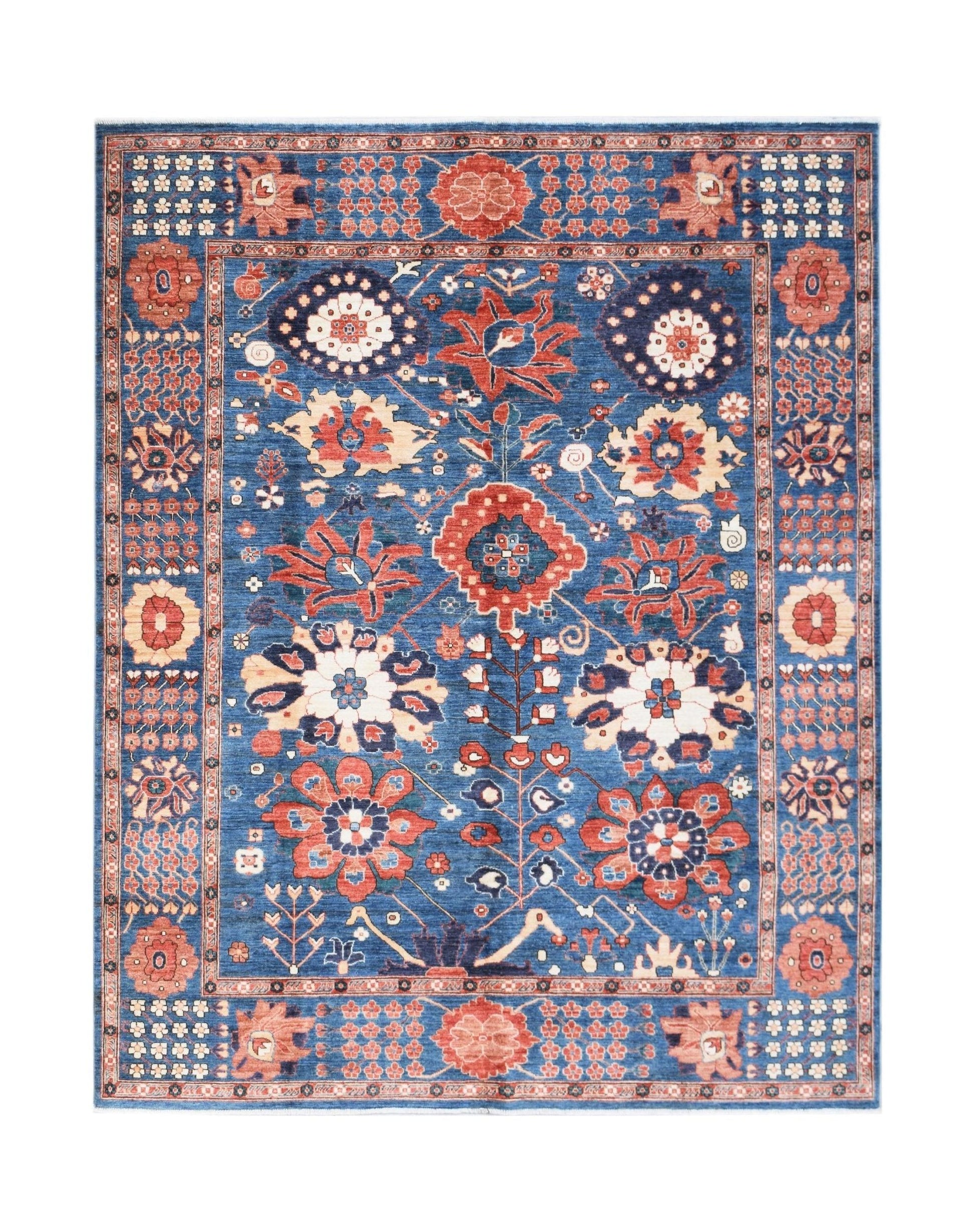 Handwoven Afghan Chobi rug featuring a traditional floral pattern in blue, red, and cream tones.