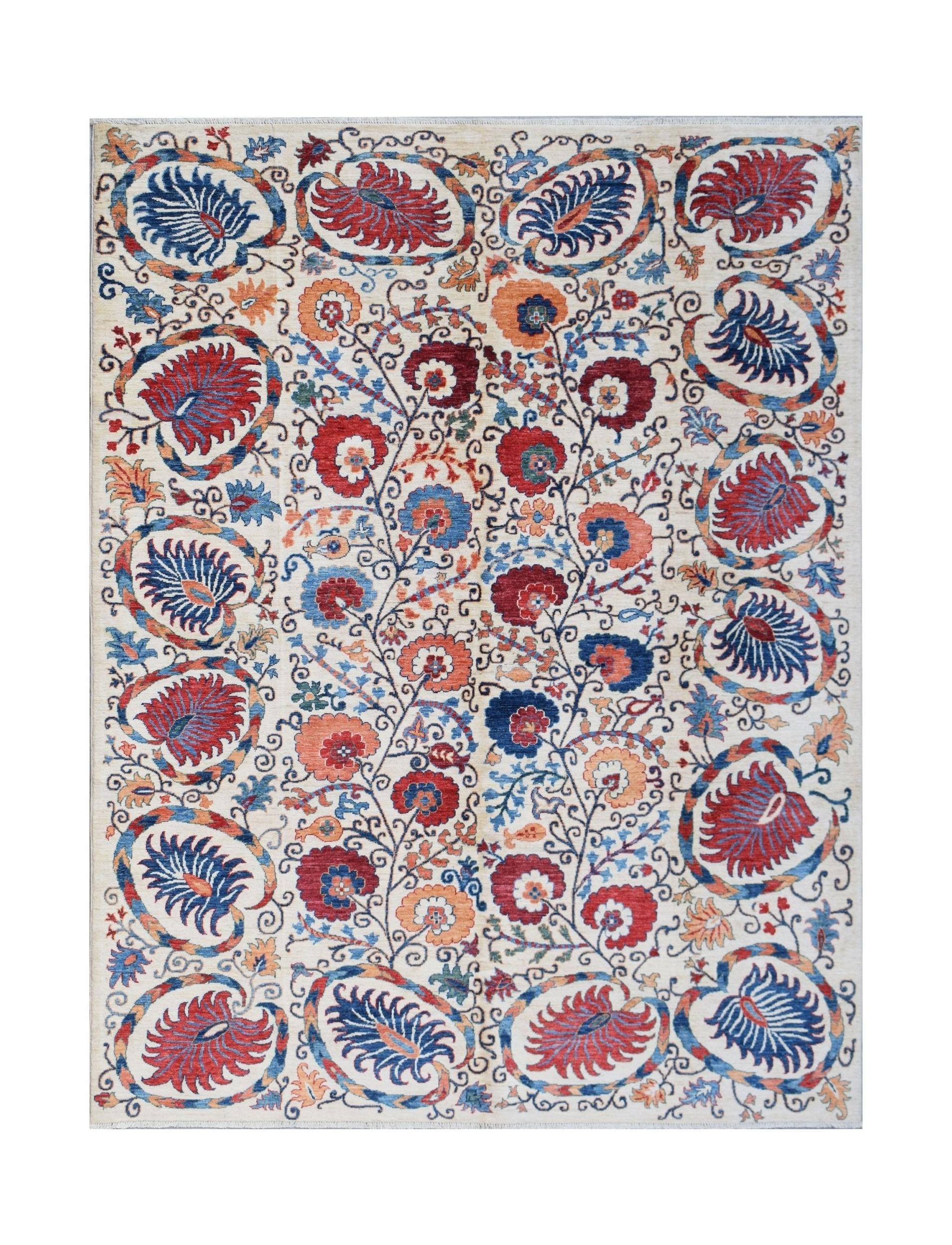 Handwoven Afghan Chobi rug featuring a traditional Suzani floral pattern in red, blue, and orange.