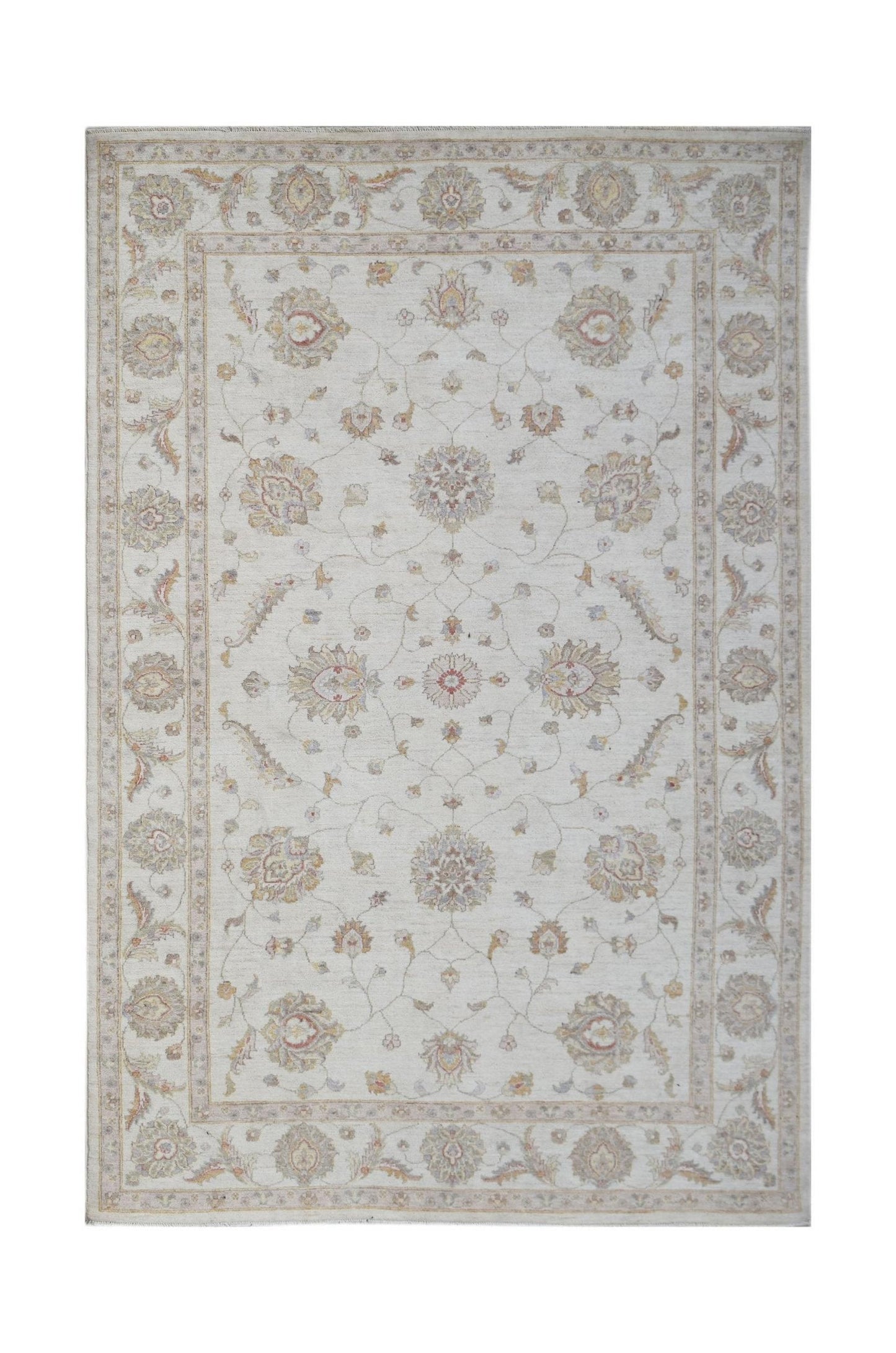 A rectangular Afghan Chobi rug featuring a traditional floral pattern in soft, earthy tones.