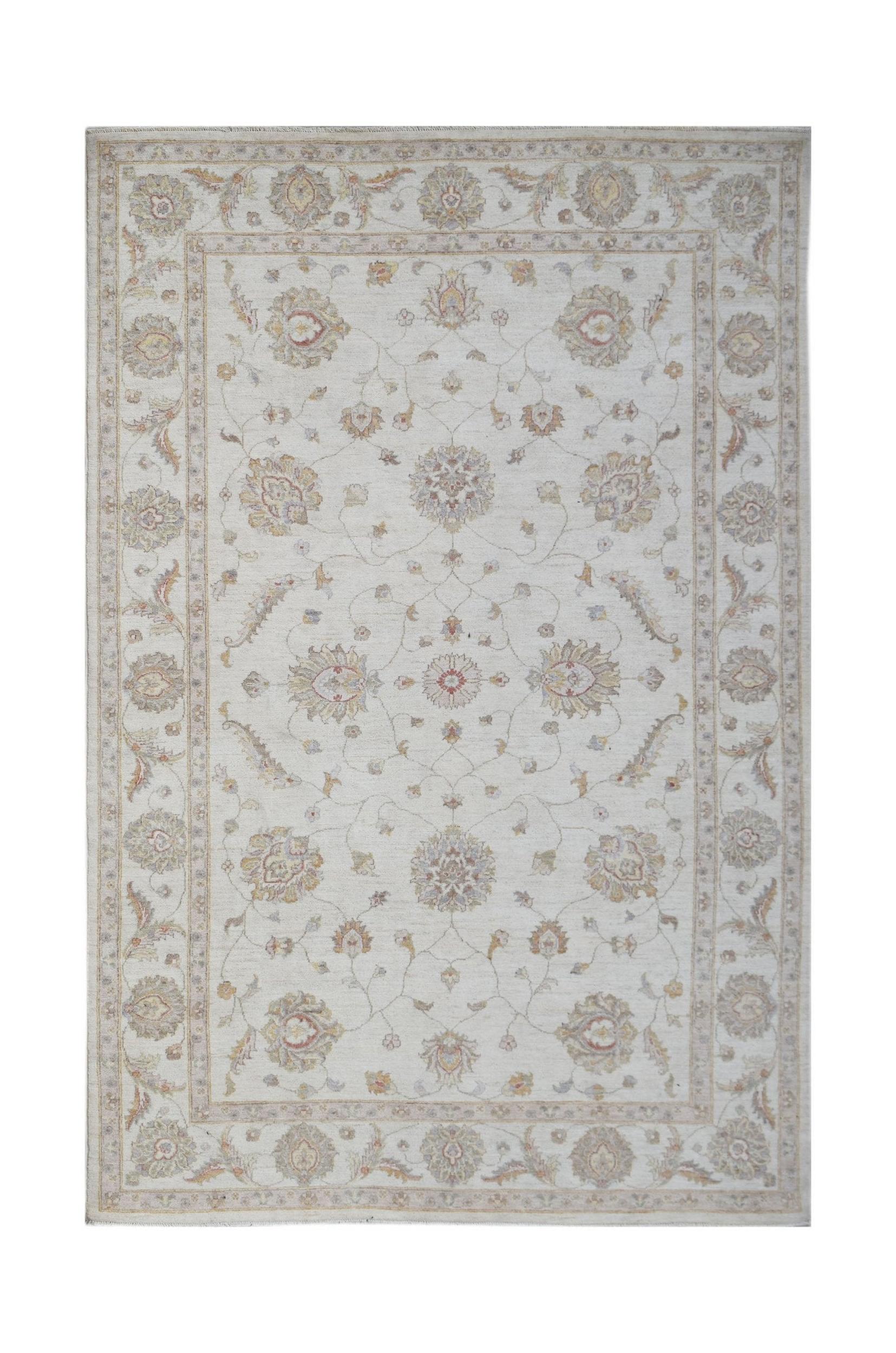 A rectangular Afghan Chobi rug featuring a traditional floral pattern in soft, earthy tones.