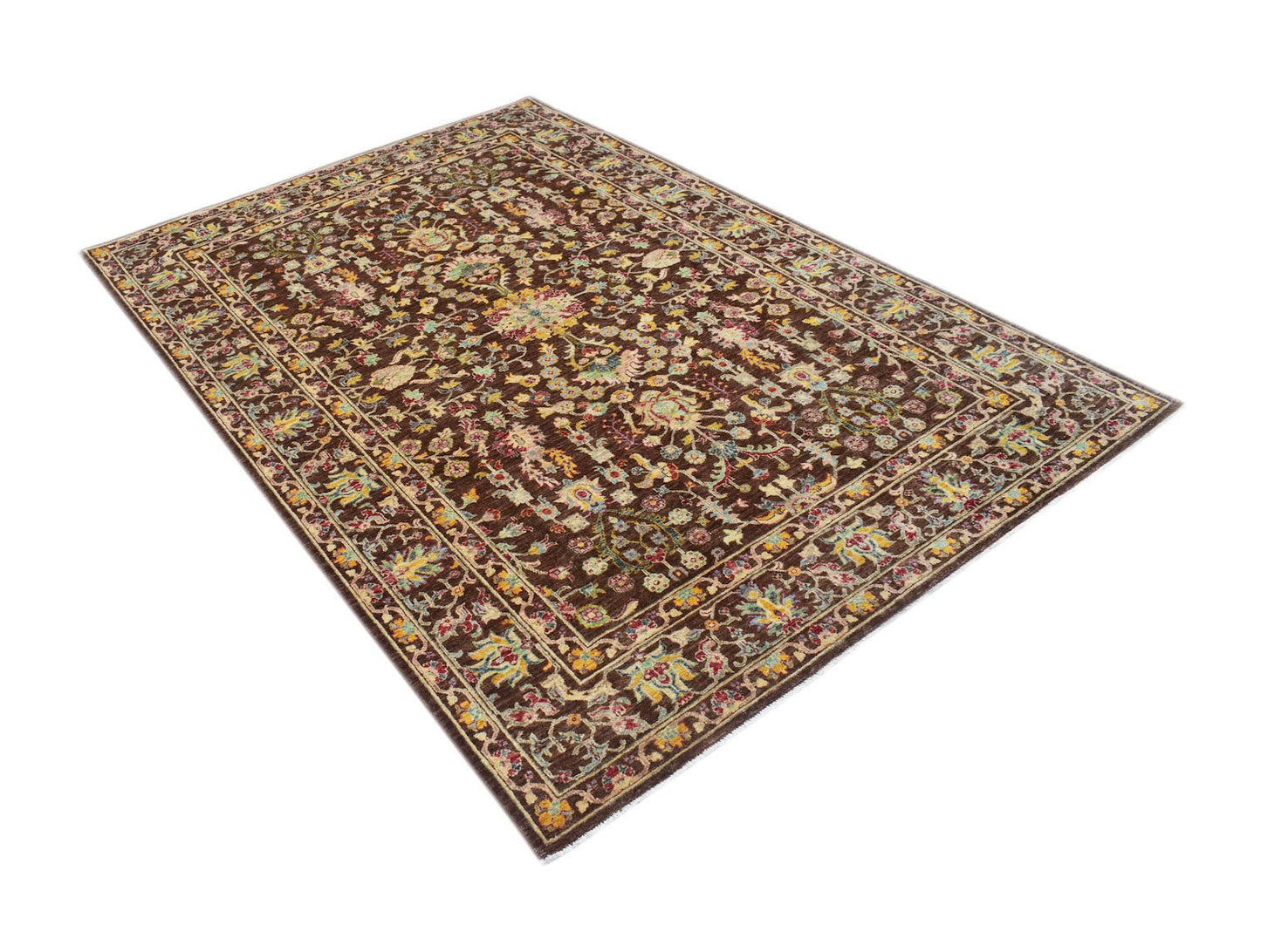An Afghan Chobi rug featuring a traditional floral pattern in earthy tones on a brown background.