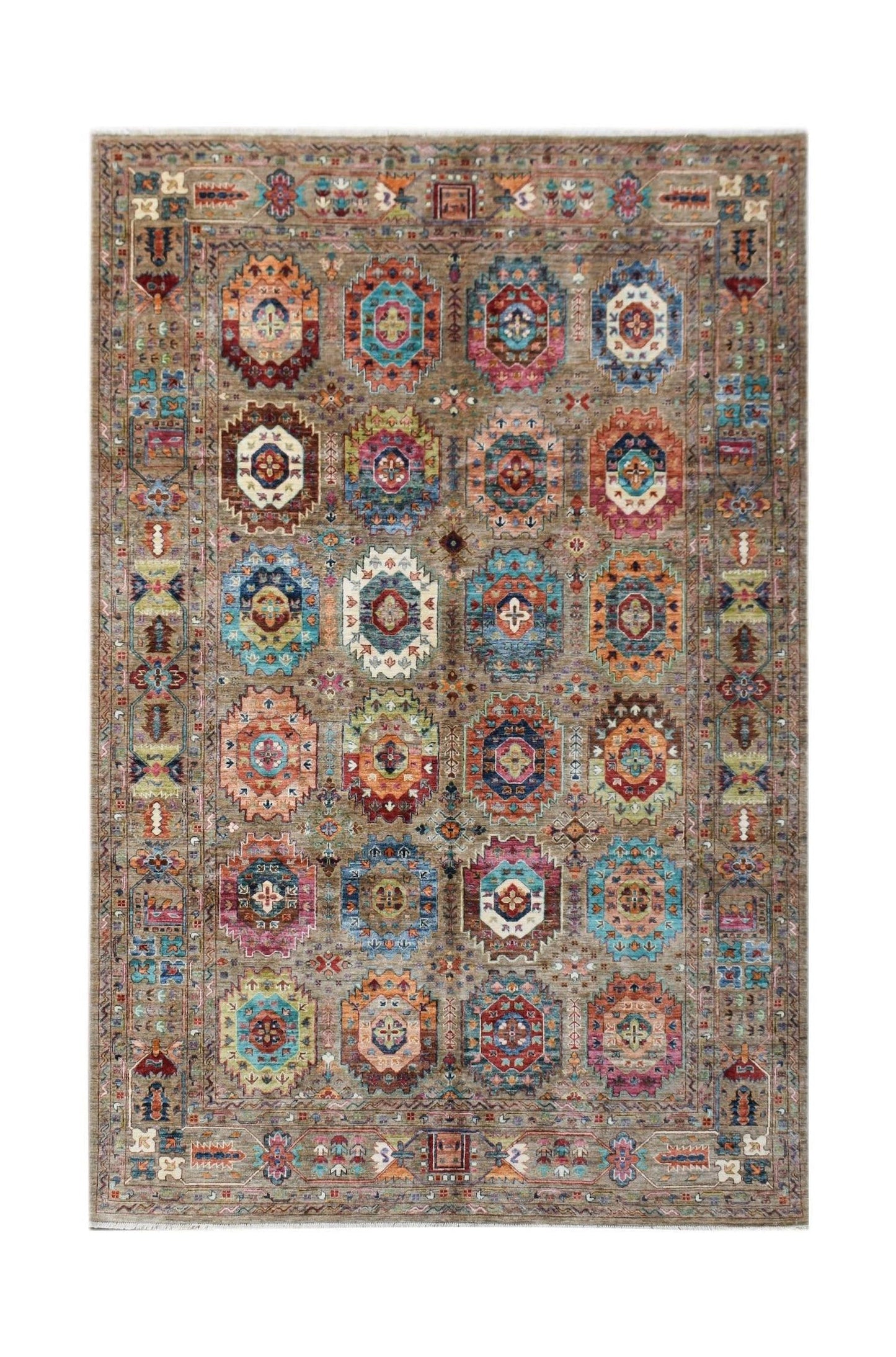 Handwoven Afghan Chobi rug featuring a repeating geometric medallion pattern in vibrant colors.