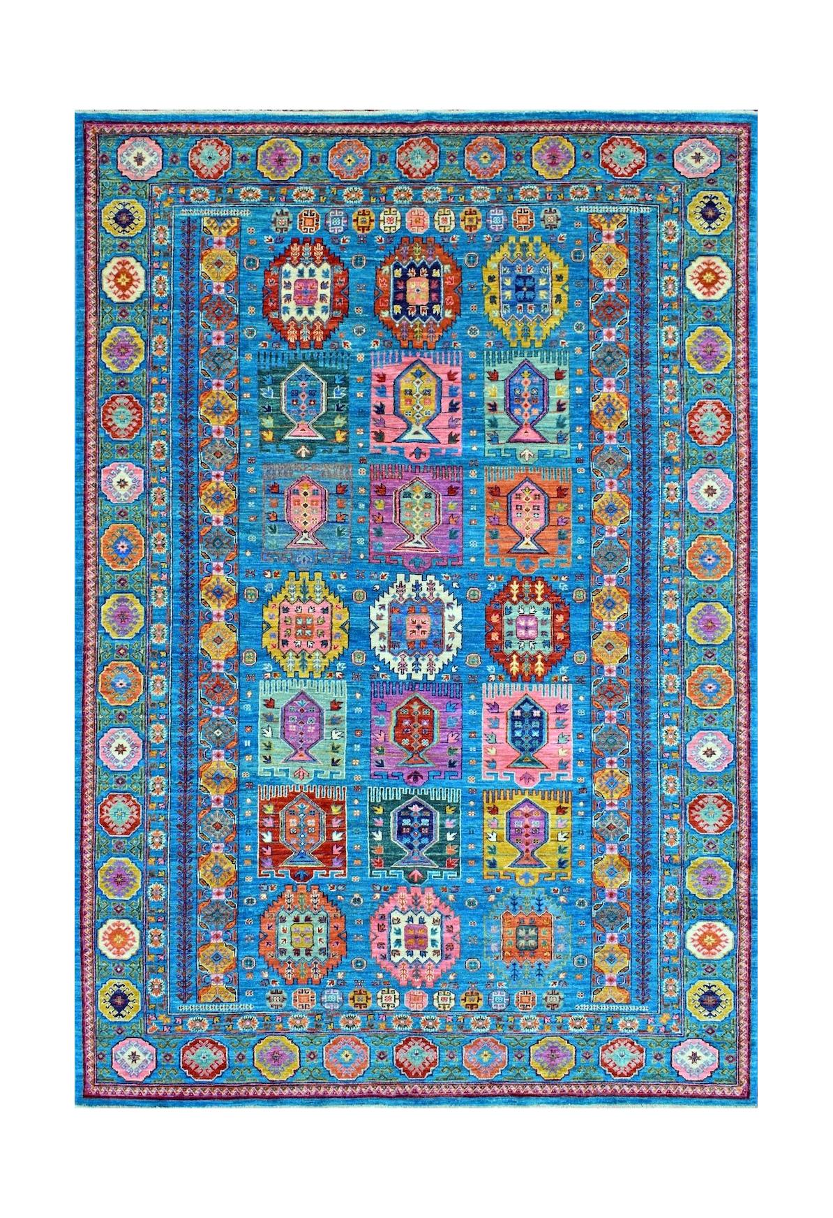 A rectangular Afghan Chobi rug featuring a vibrant blue field with colorful geometric motifs.