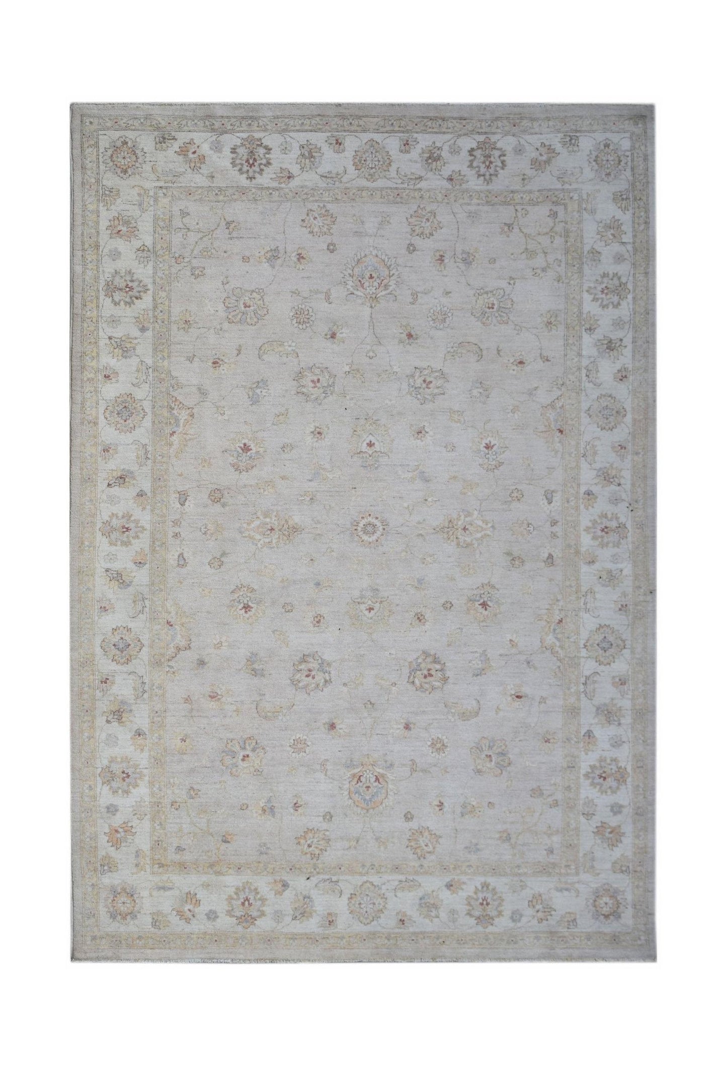 A rectangular Afghan Chobi rug featuring a traditional floral pattern in soft, neutral tones.