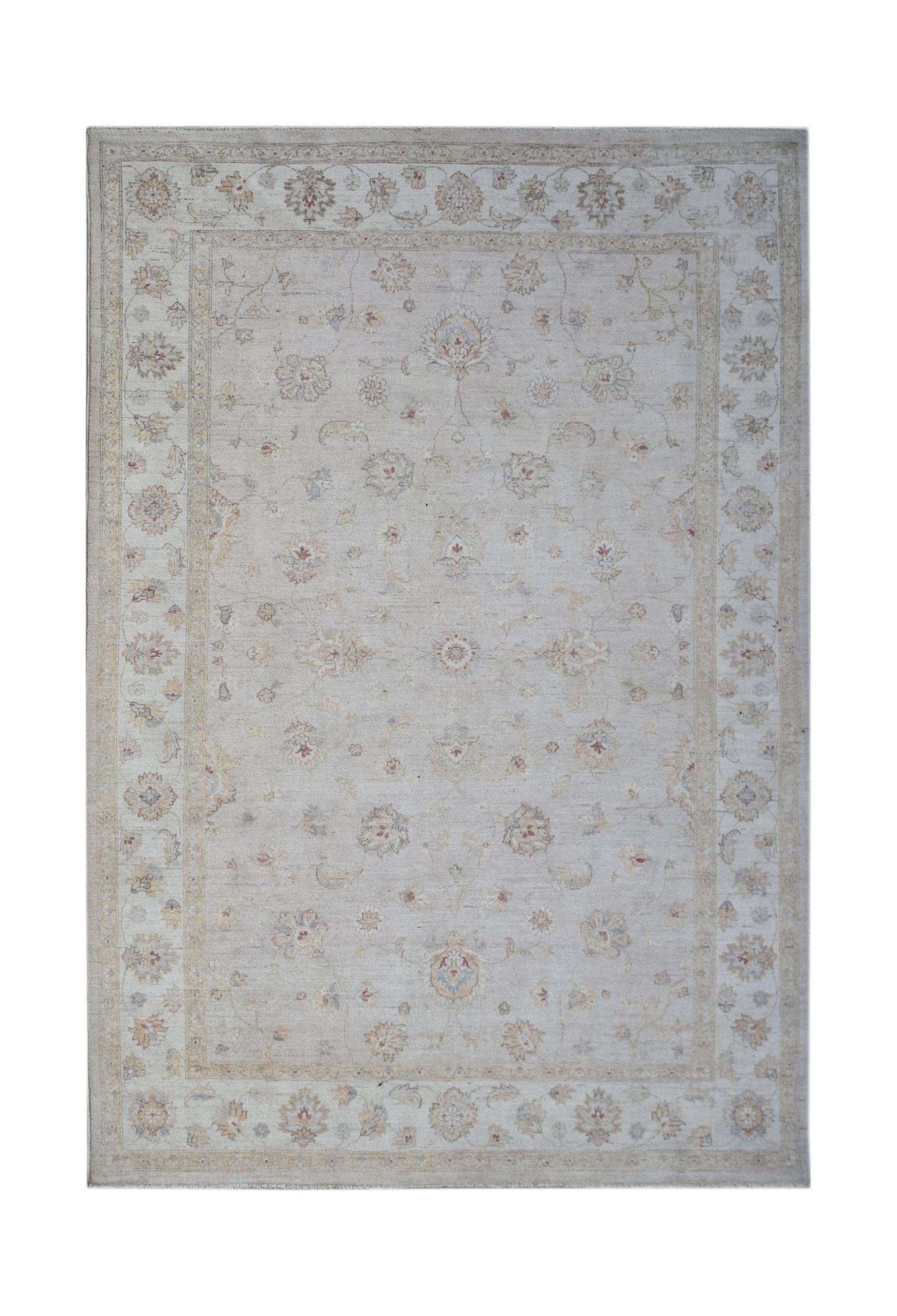 A rectangular Afghan Chobi rug featuring a traditional floral pattern in soft, neutral tones.