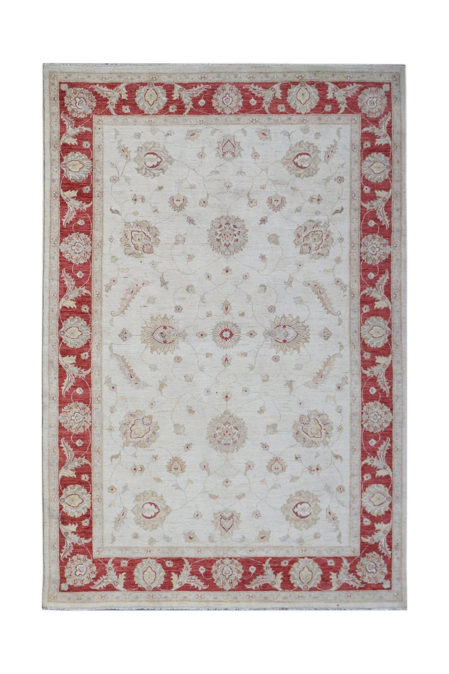 An Afghan Chobi rug featuring a cream field with floral motifs and a red decorative border.