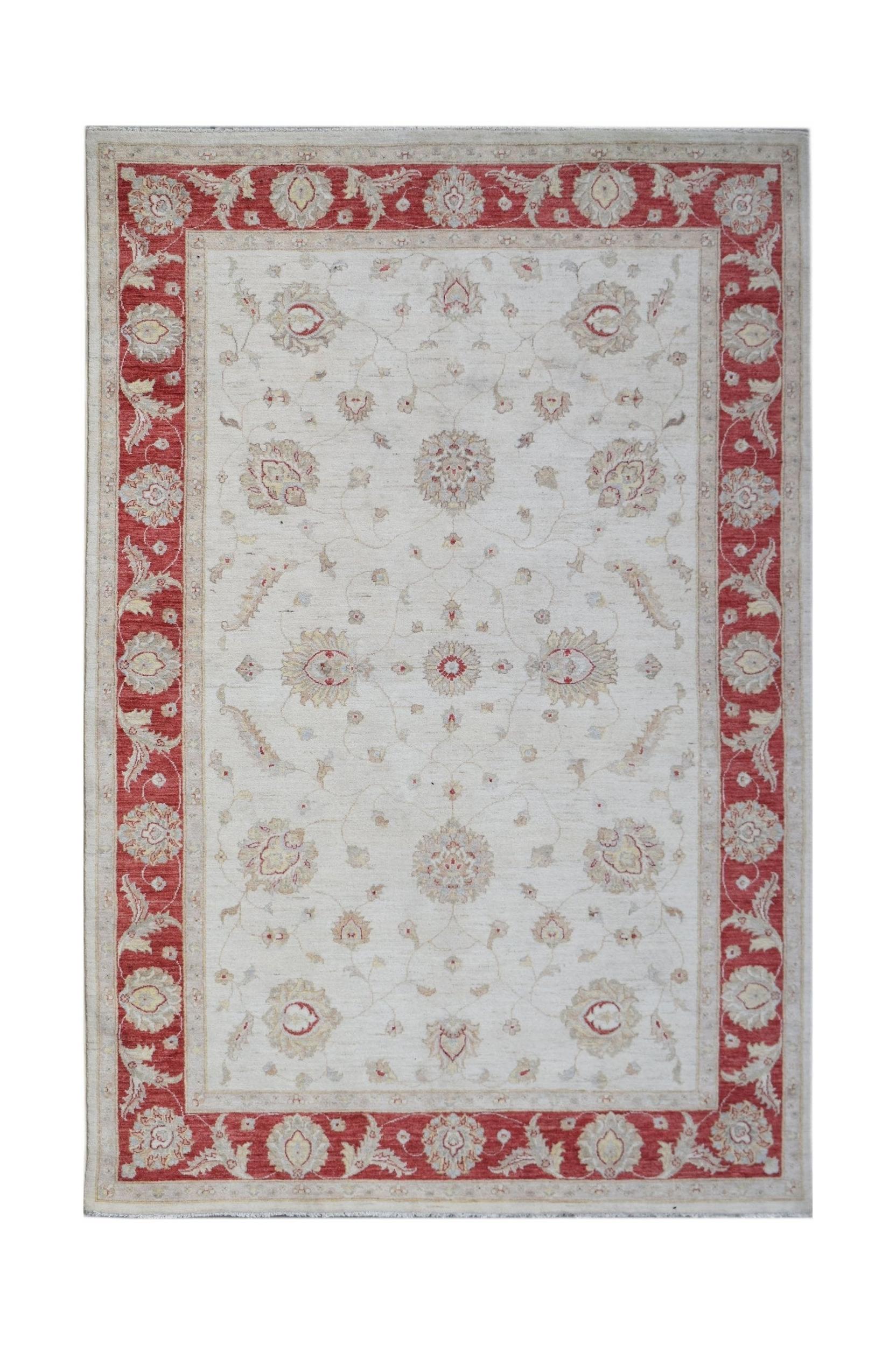 An Afghan Chobi rug featuring a cream field with floral motifs and a red decorative border.