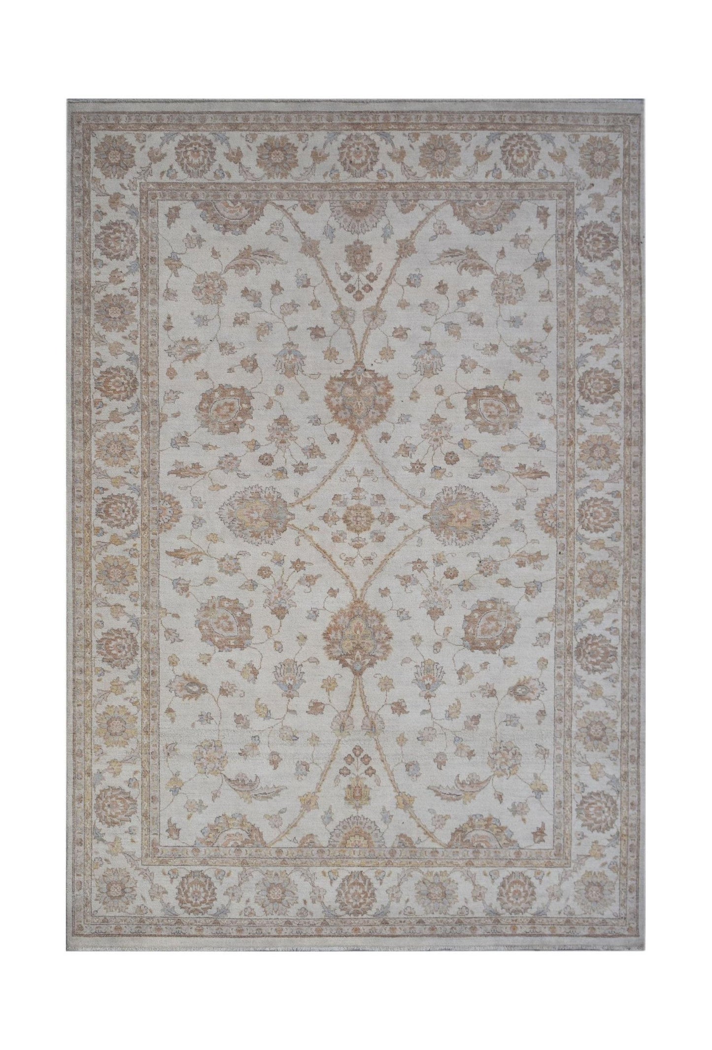 A rectangular Afghan Chobi rug featuring a traditional floral pattern in soft, earthy tones.