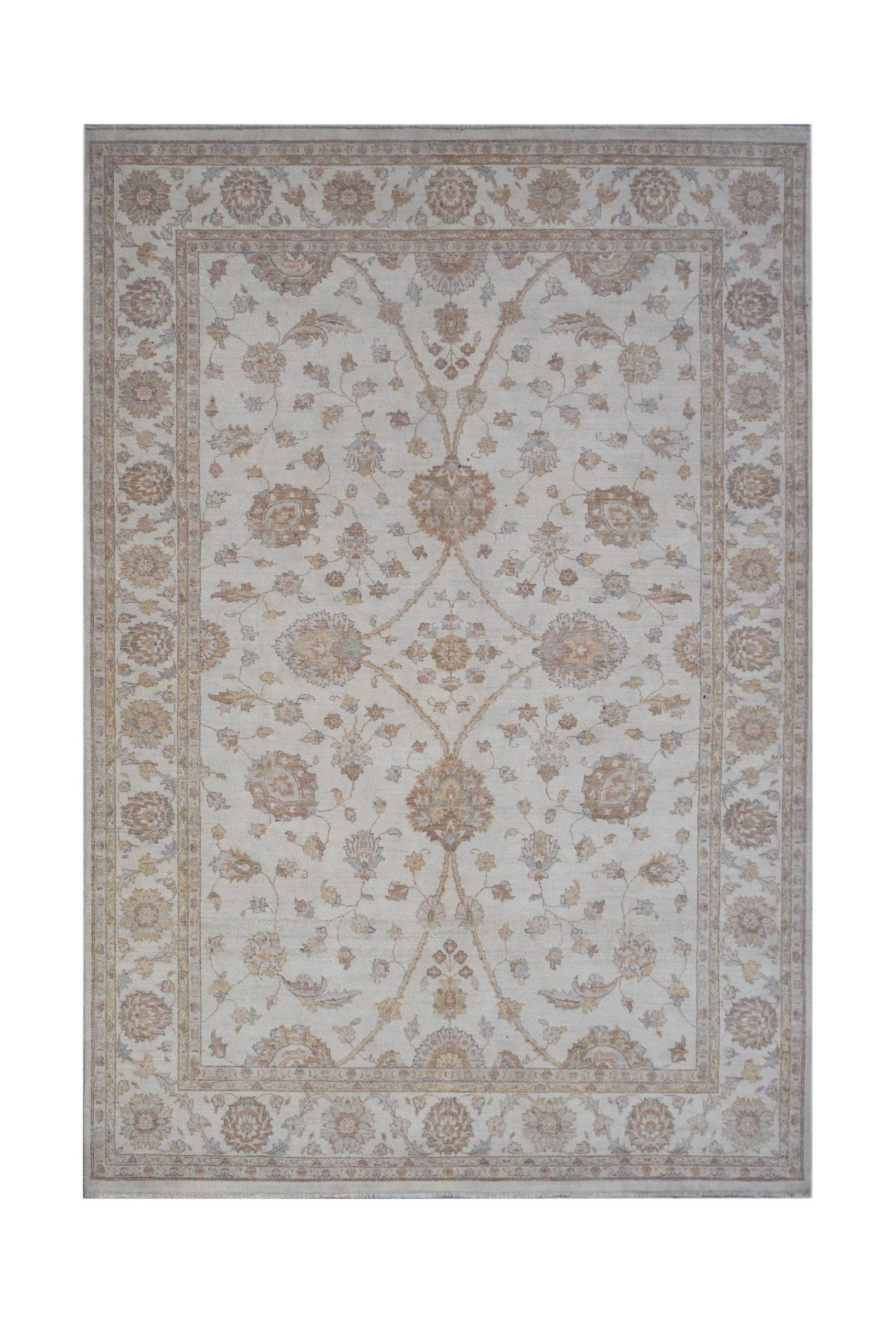 A rectangular Afghan Chobi rug featuring a traditional floral pattern in soft, earthy tones.