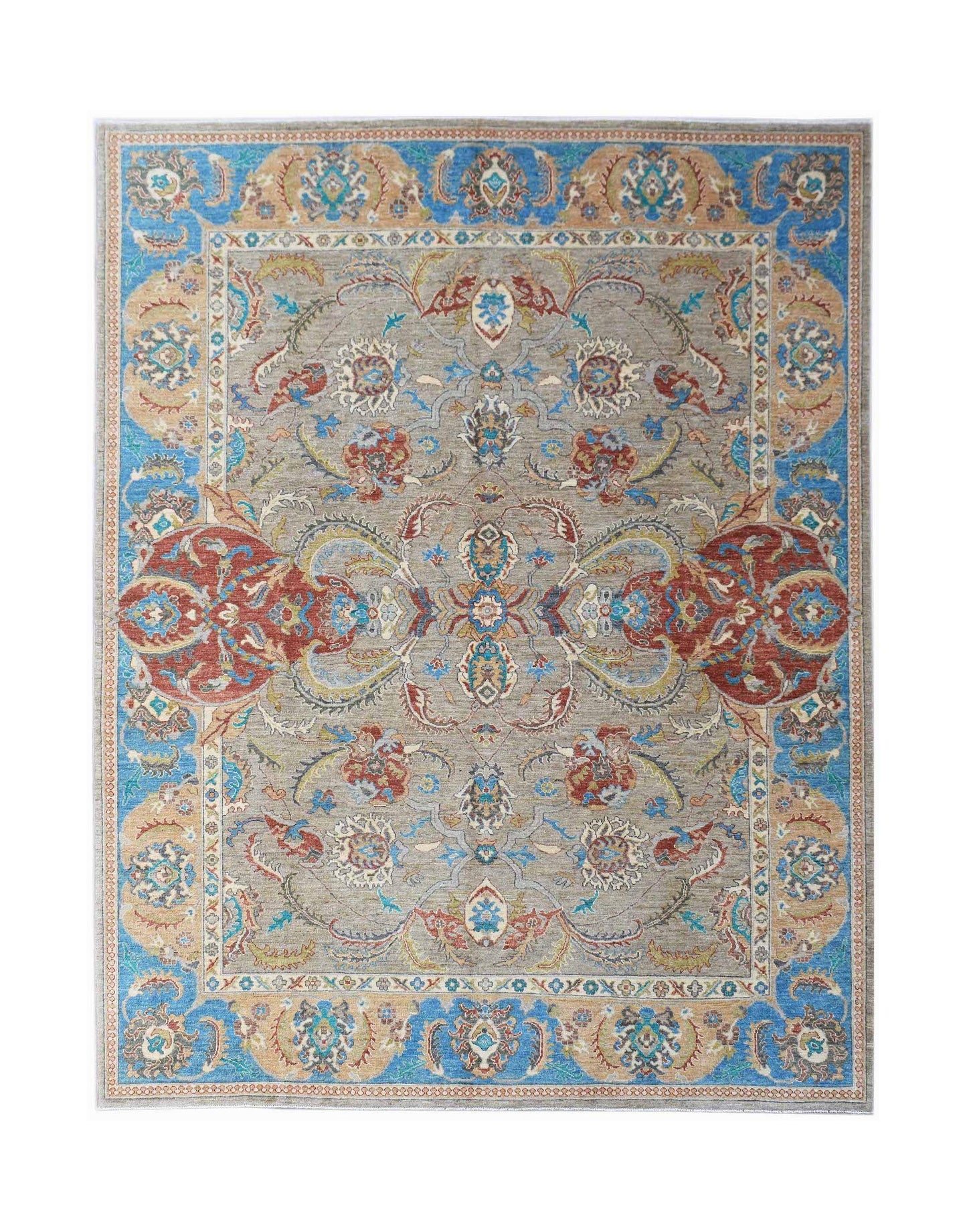 A rectangular Afghan Chobi rug featuring a traditional floral pattern in blue, red, and beige tones.
