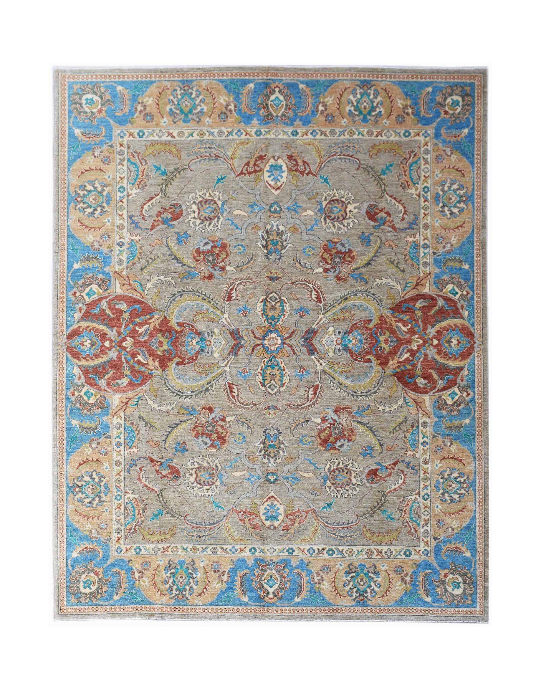 A rectangular Afghan Chobi rug featuring a traditional floral pattern in blue, red, and beige tones.
