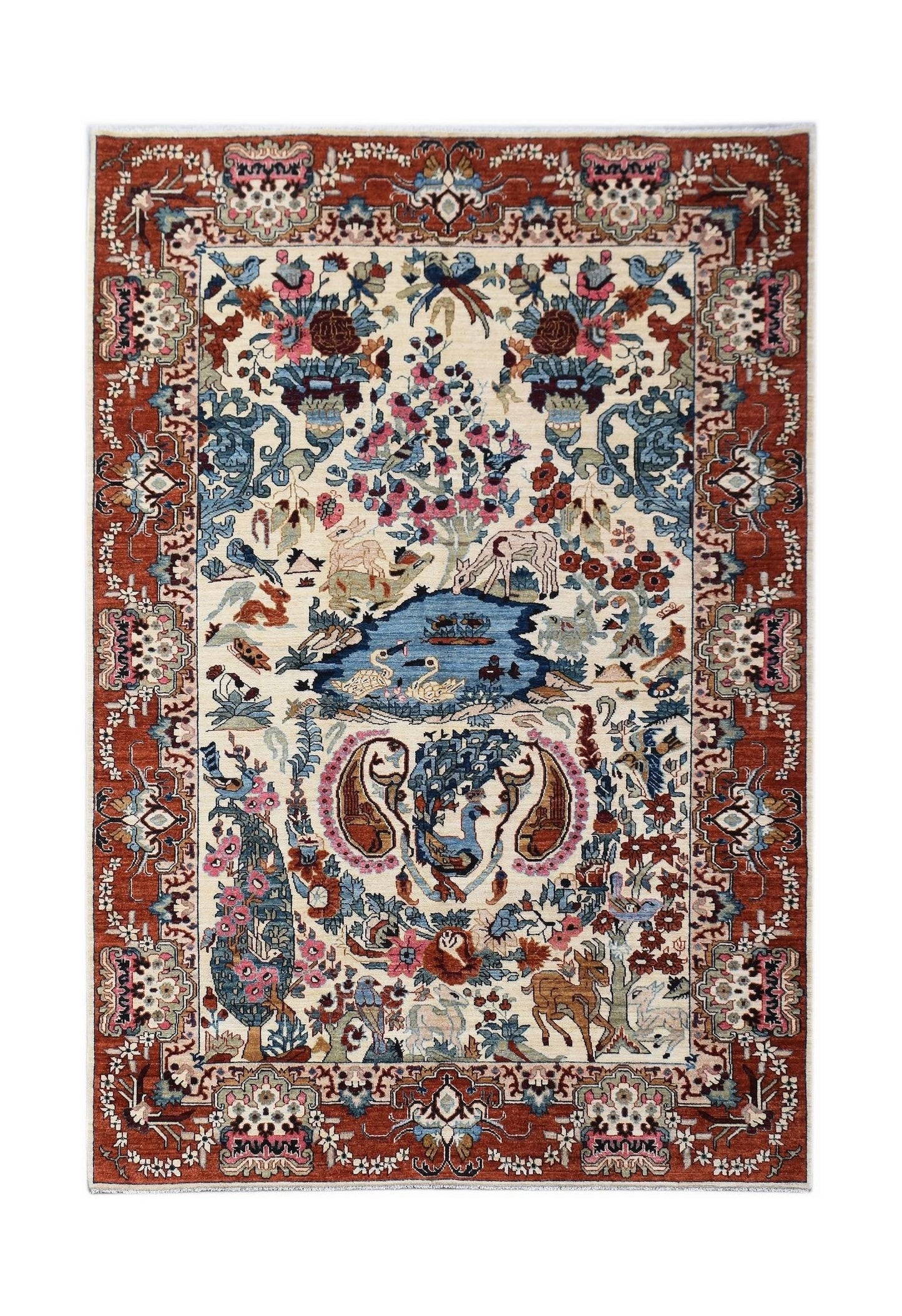 Handwoven Afghan Chobi rug featuring a detailed hunting scene with animals in a floral landscape.