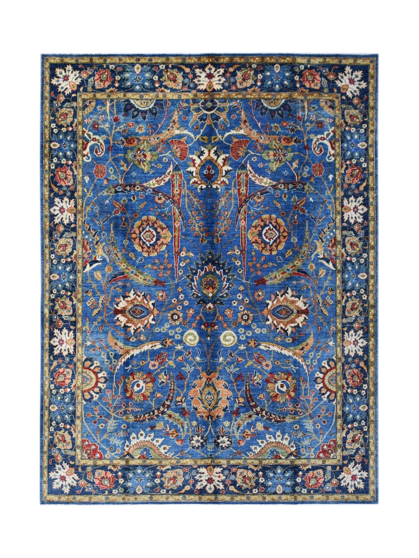 A rectangular Afghan Chobi rug featuring intricate floral patterns in blue, red, and cream tones.
