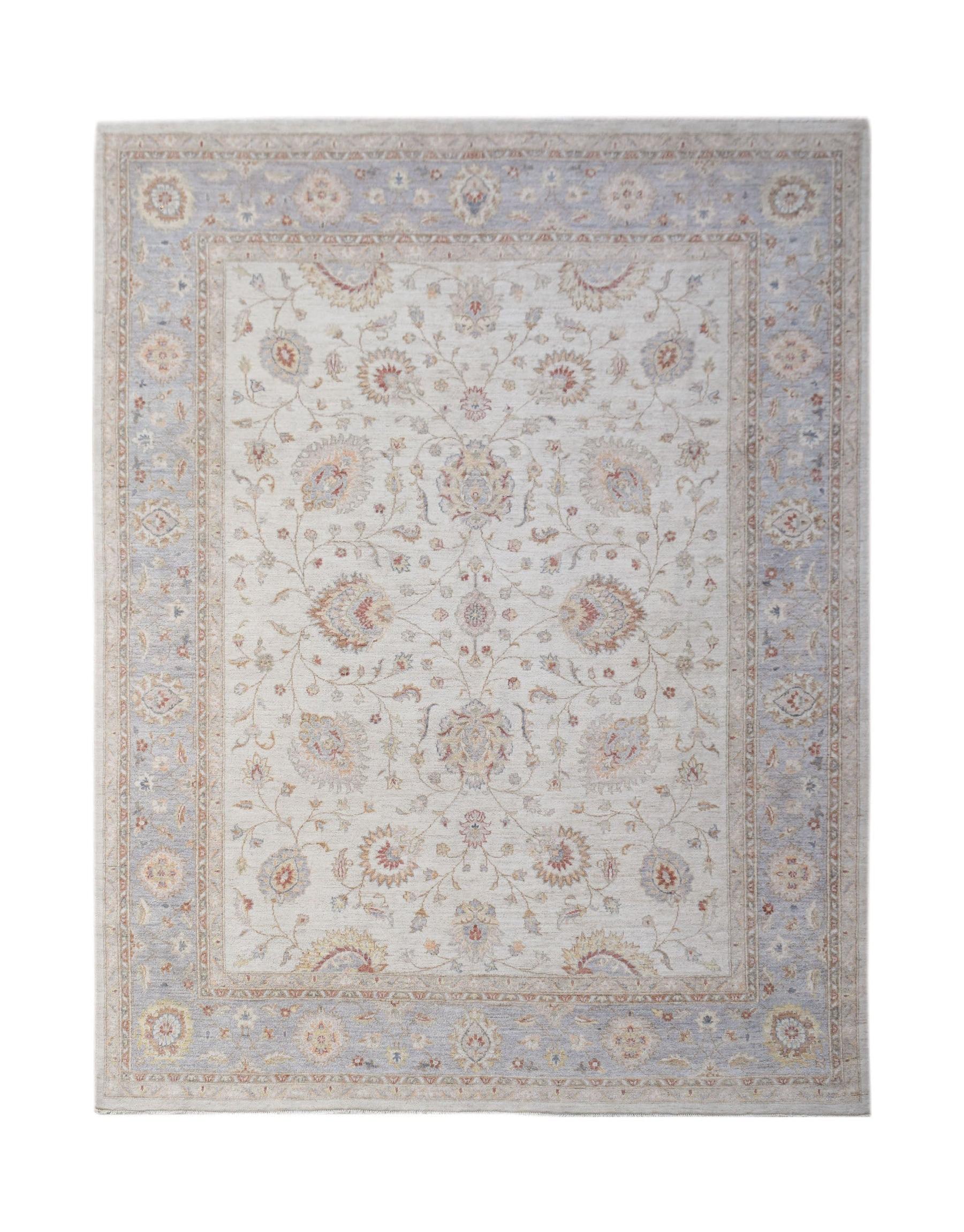 A rectangular Afghan Chobi rug featuring a traditional floral pattern in soft blue and beige tones.