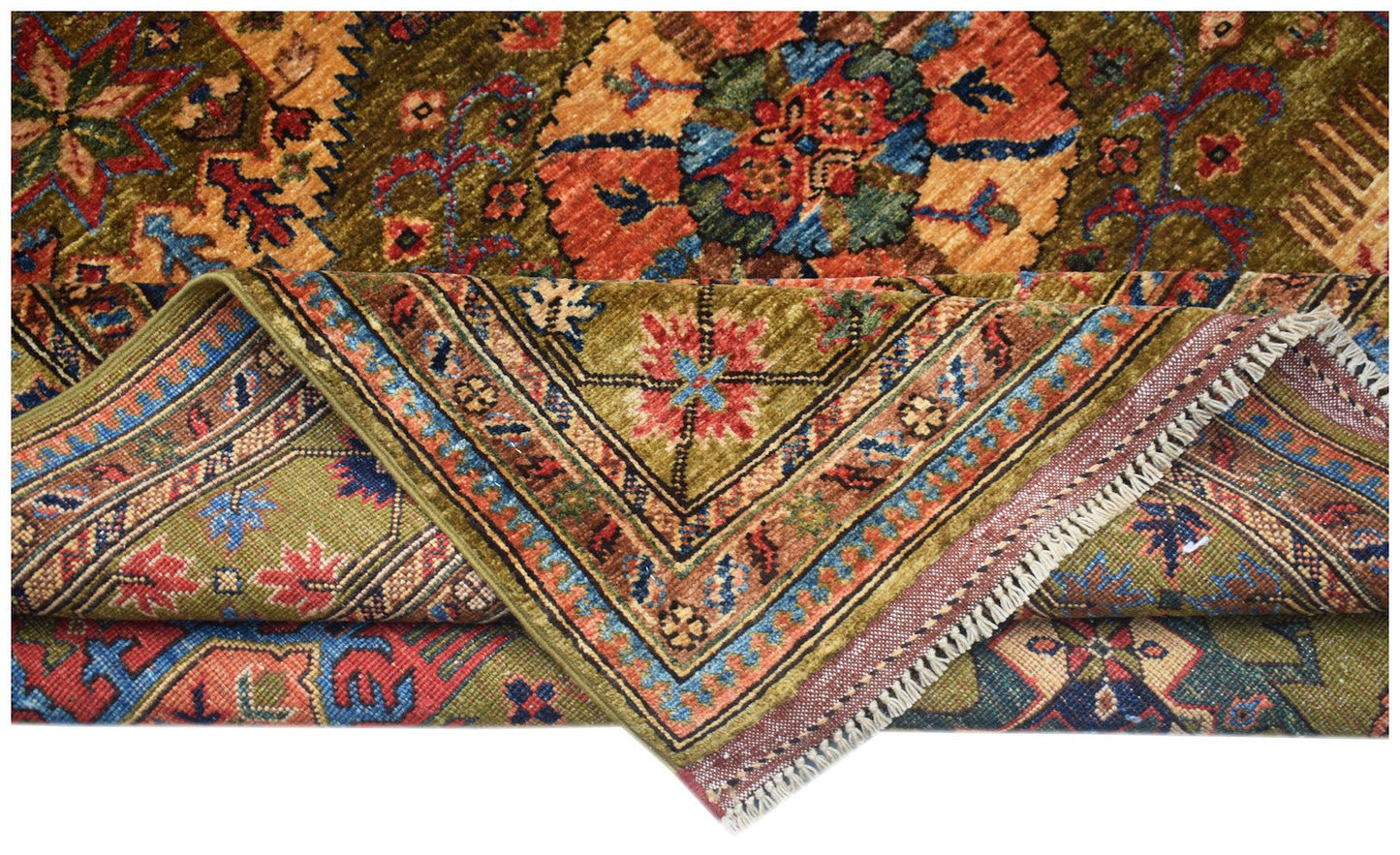 A folded Afghan Chobi rug featuring traditional floral patterns in earthy tones and blue accents.