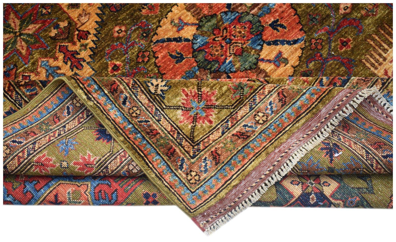 A folded Afghan Chobi rug featuring traditional floral patterns in earthy tones and blue accents.