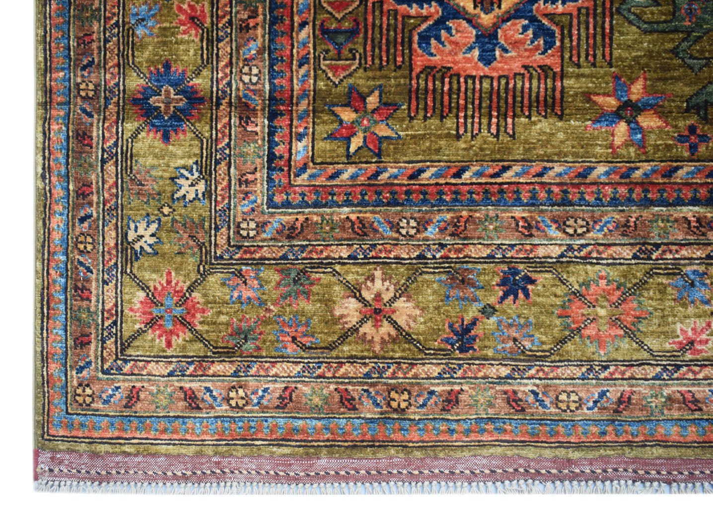 An Afghan Chobi rug featuring a traditional geometric pattern in olive, red, and blue tones.