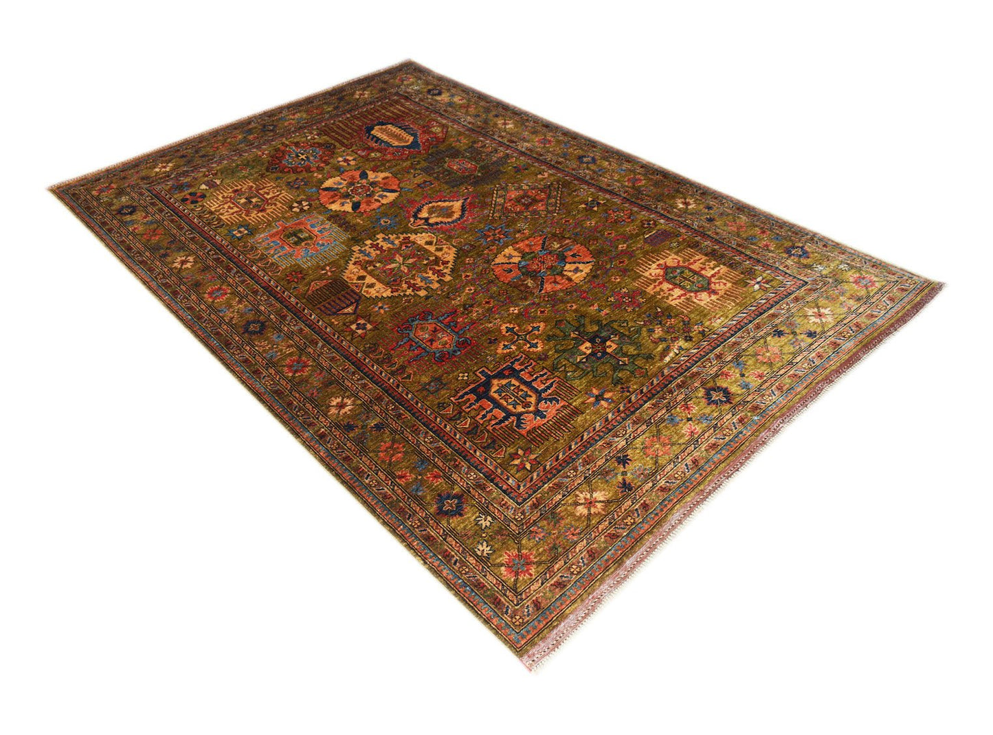 A rectangular Afghan Chobi rug featuring traditional geometric patterns in earthy, wood-toned hues.