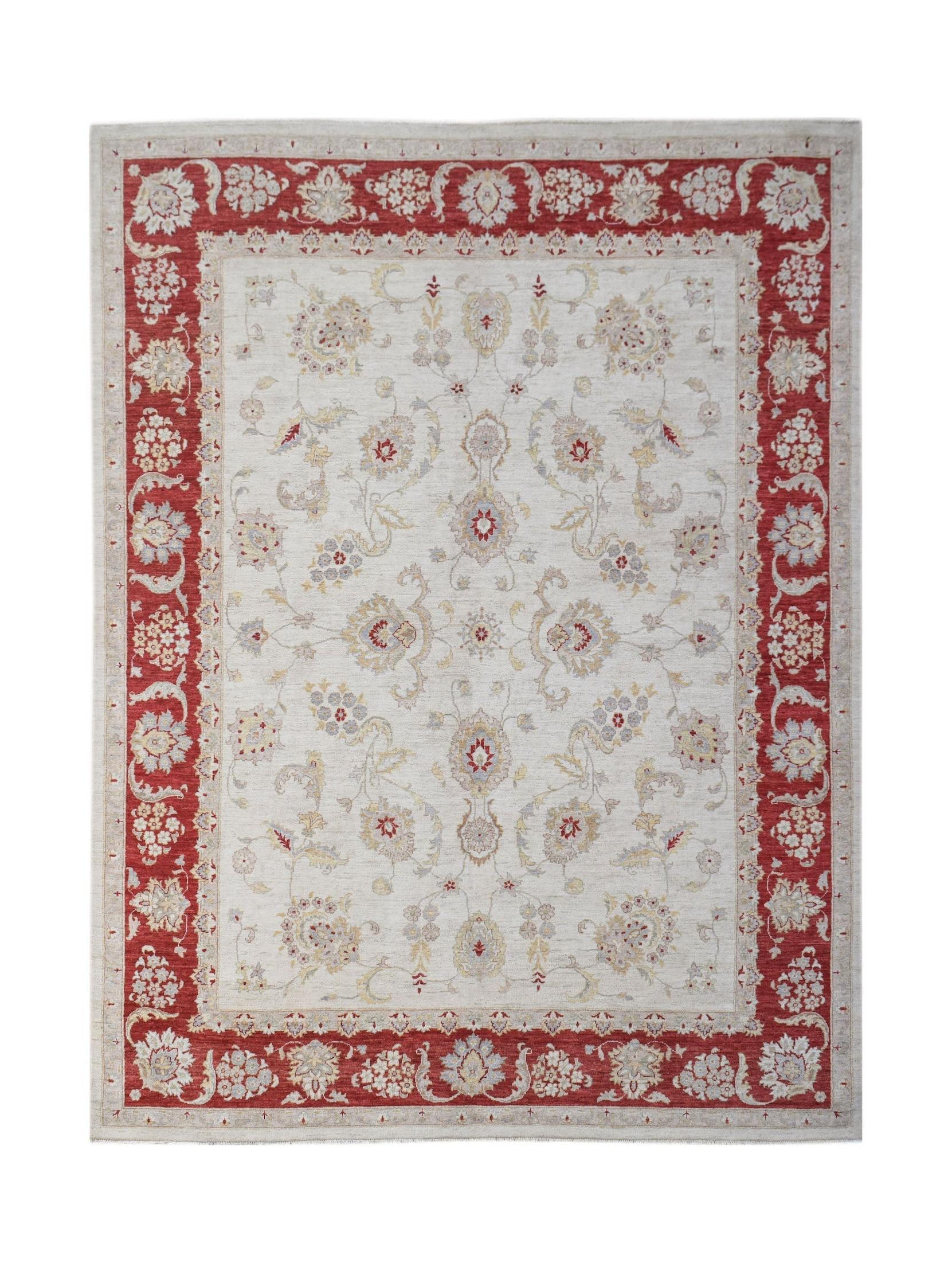 Handwoven Afghan Chobi rug featuring a cream field with floral motifs and a wide red border.