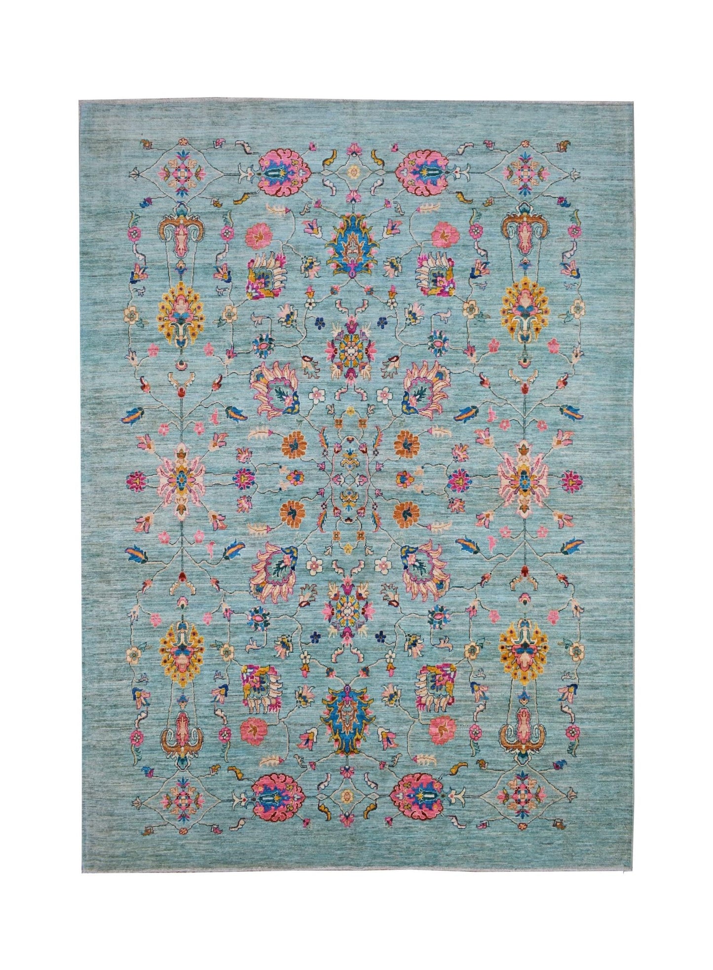 A rectangular Afghan Chobi rug featuring a floral pattern in pink, blue, and gold on a teal field.