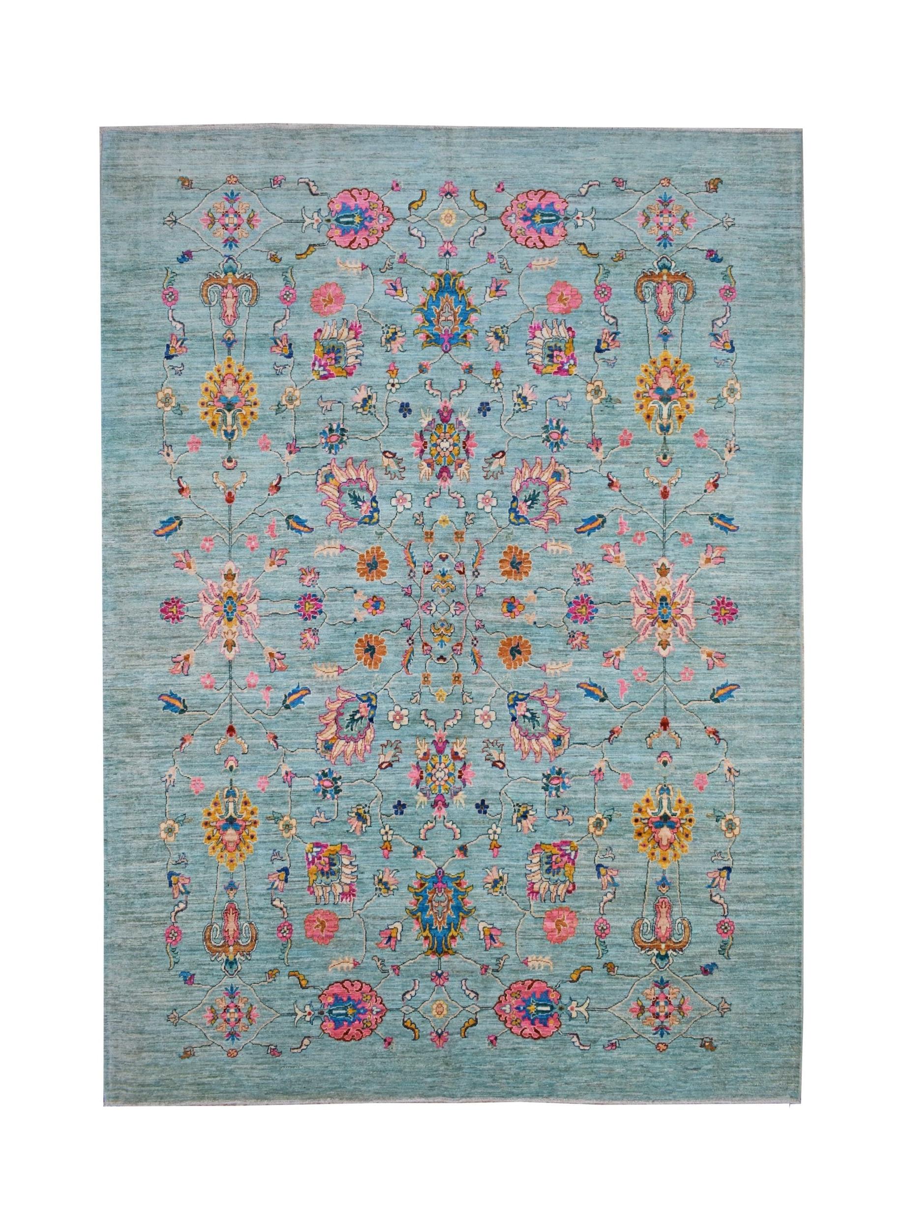 A rectangular Afghan Chobi rug featuring a floral pattern in pink, blue, and gold on a teal field.