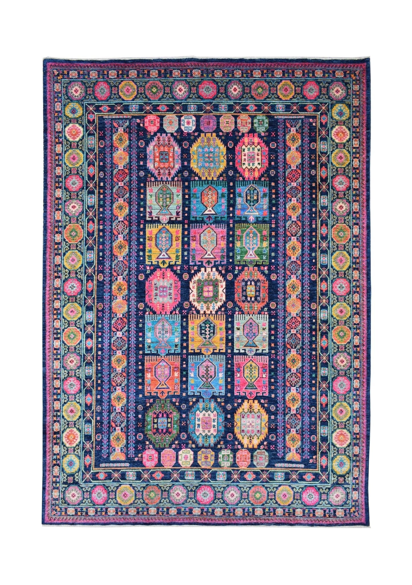 A rectangular Afghan Chobi rug featuring a dark blue field with colorful geometric motifs.