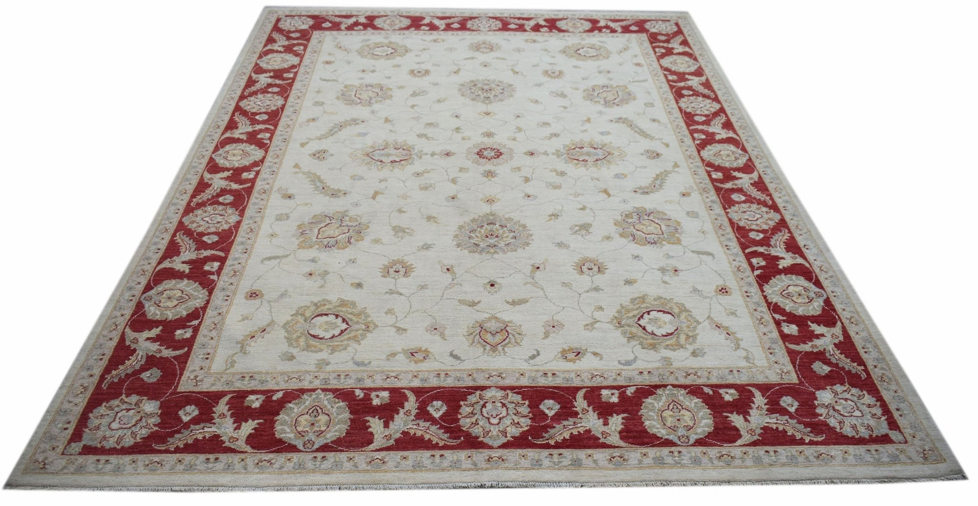 A rectangular Afghan Chobi rug featuring a cream field with floral motifs and a red border.