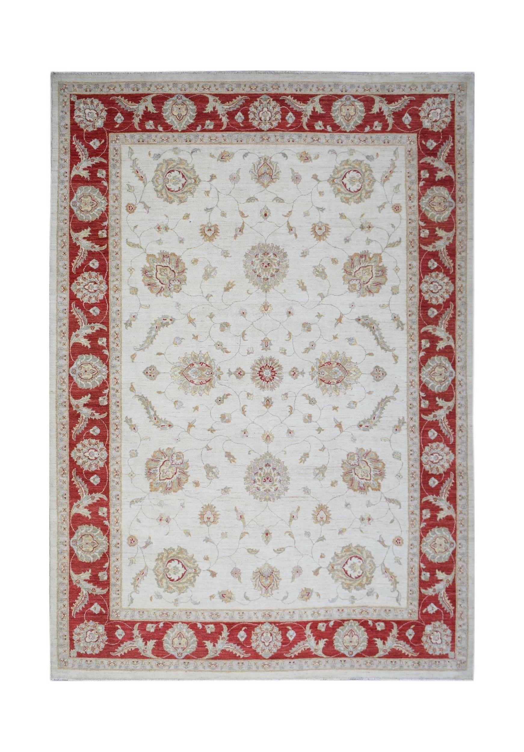 An Afghan Chobi rug featuring a cream field with floral motifs and a wide red border.