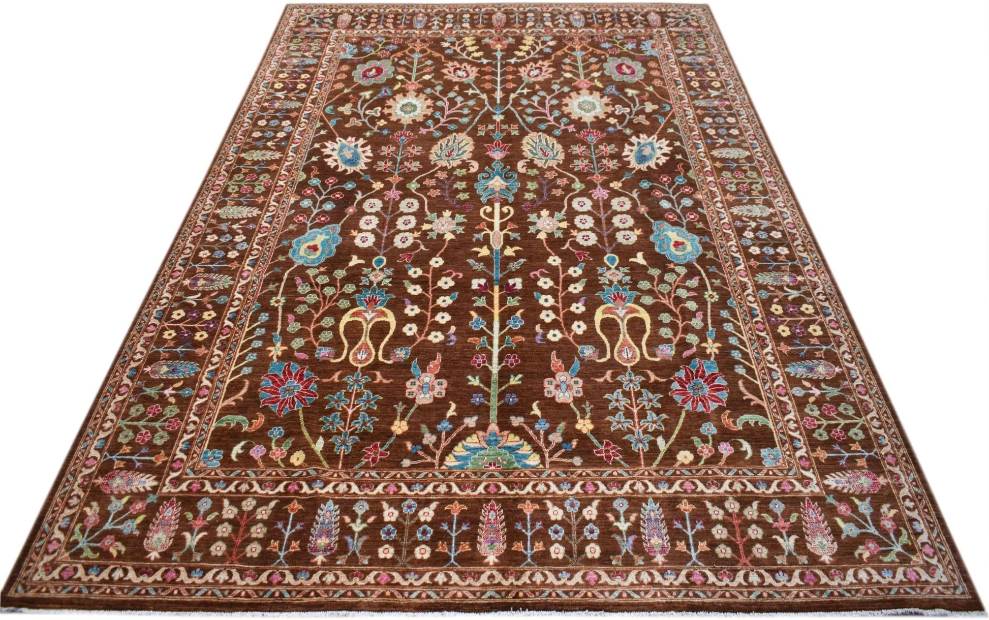 A rectangular Afghan Chobi rug featuring a traditional floral pattern in earthy tones.